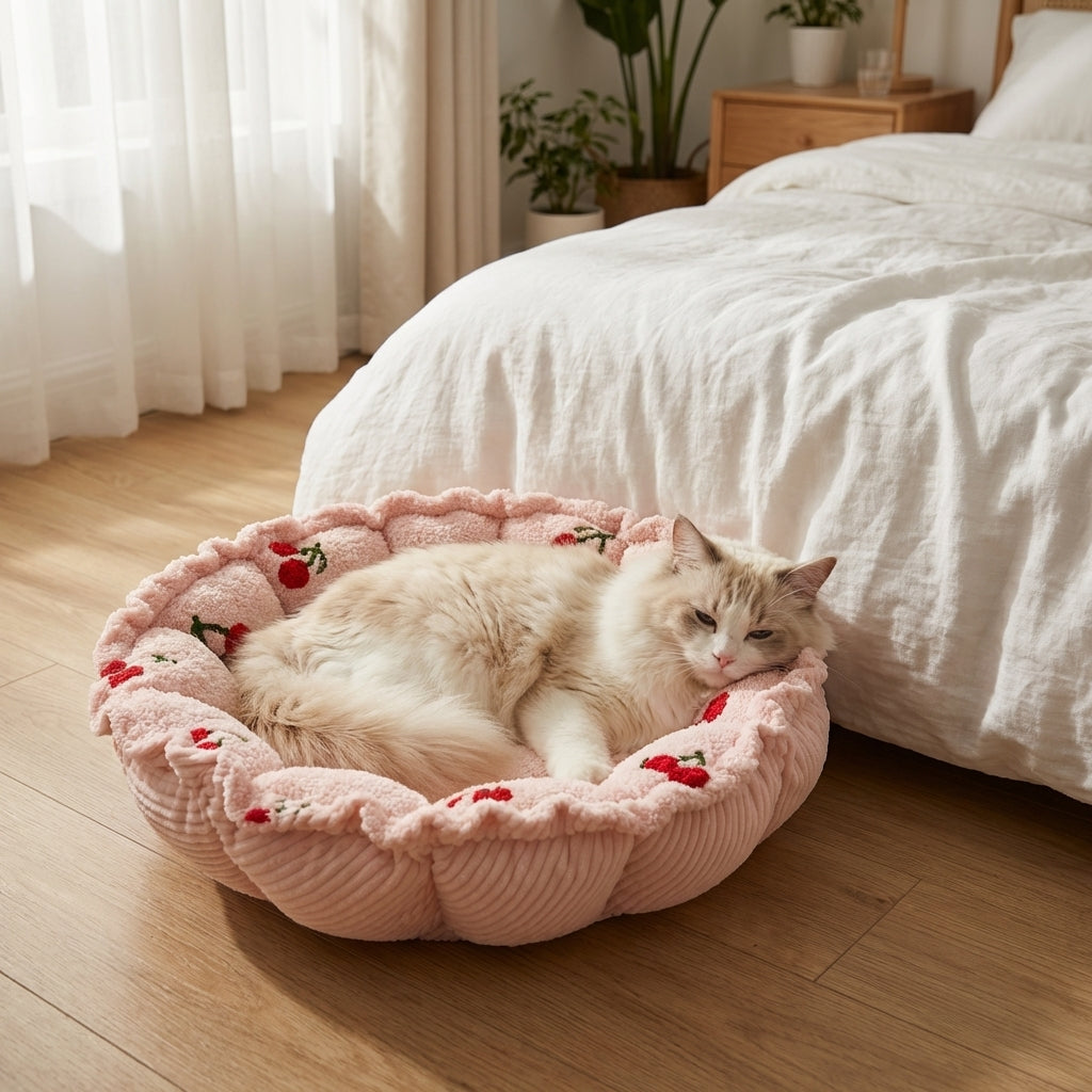 Verstellbares Katzenbett in Blütenblattform mit samtigem Wolken-Kirschmuster S/M | Rosalyssa