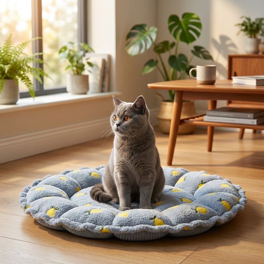 Verstellbares Katzenbett in Blütenblattform mit samtigem Wolken-Kirschmuster S/M | Rosalyssa