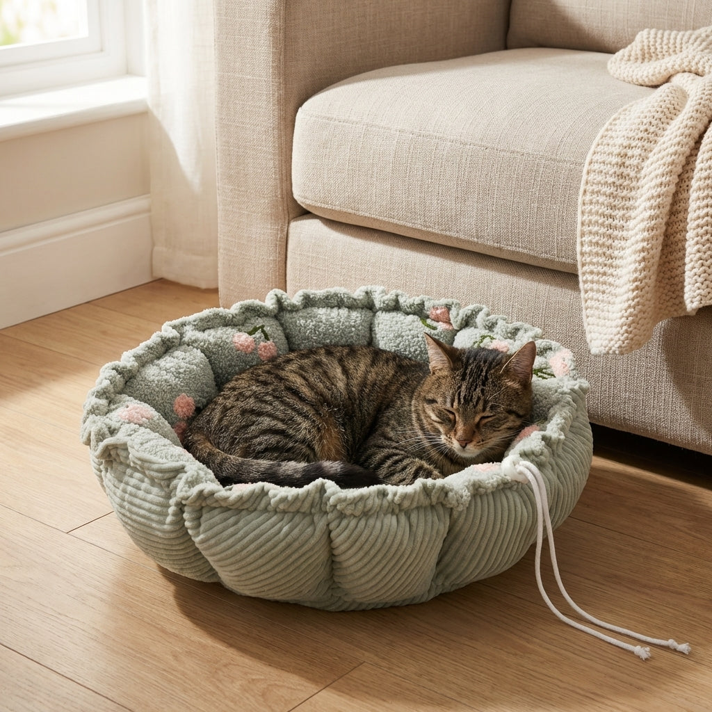 Verstellbares Katzenbett in Blütenblattform mit samtigem Wolken-Kirschmuster S/M | Rosalyssa