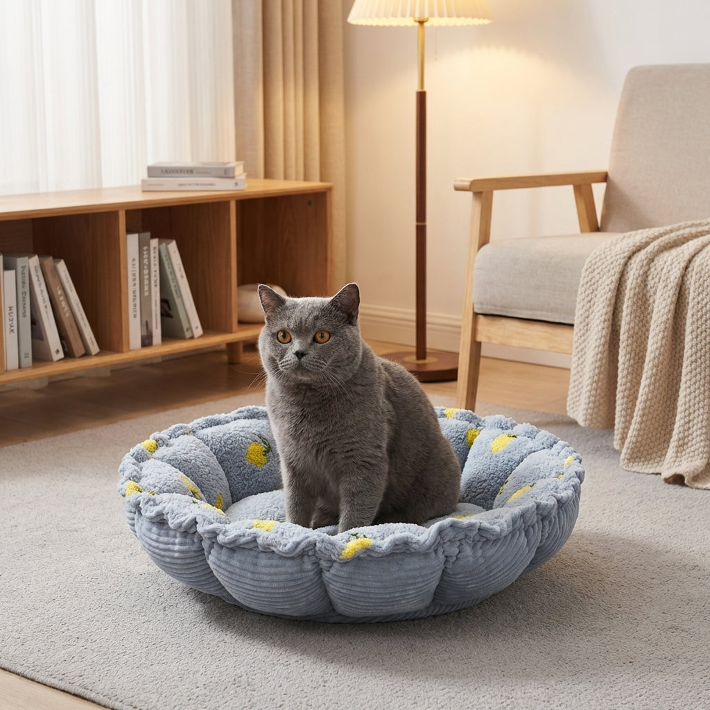 Verstellbares Katzenbett in Blütenblattform mit samtigem Wolken-Kirschmuster S/M | Rosalyssa