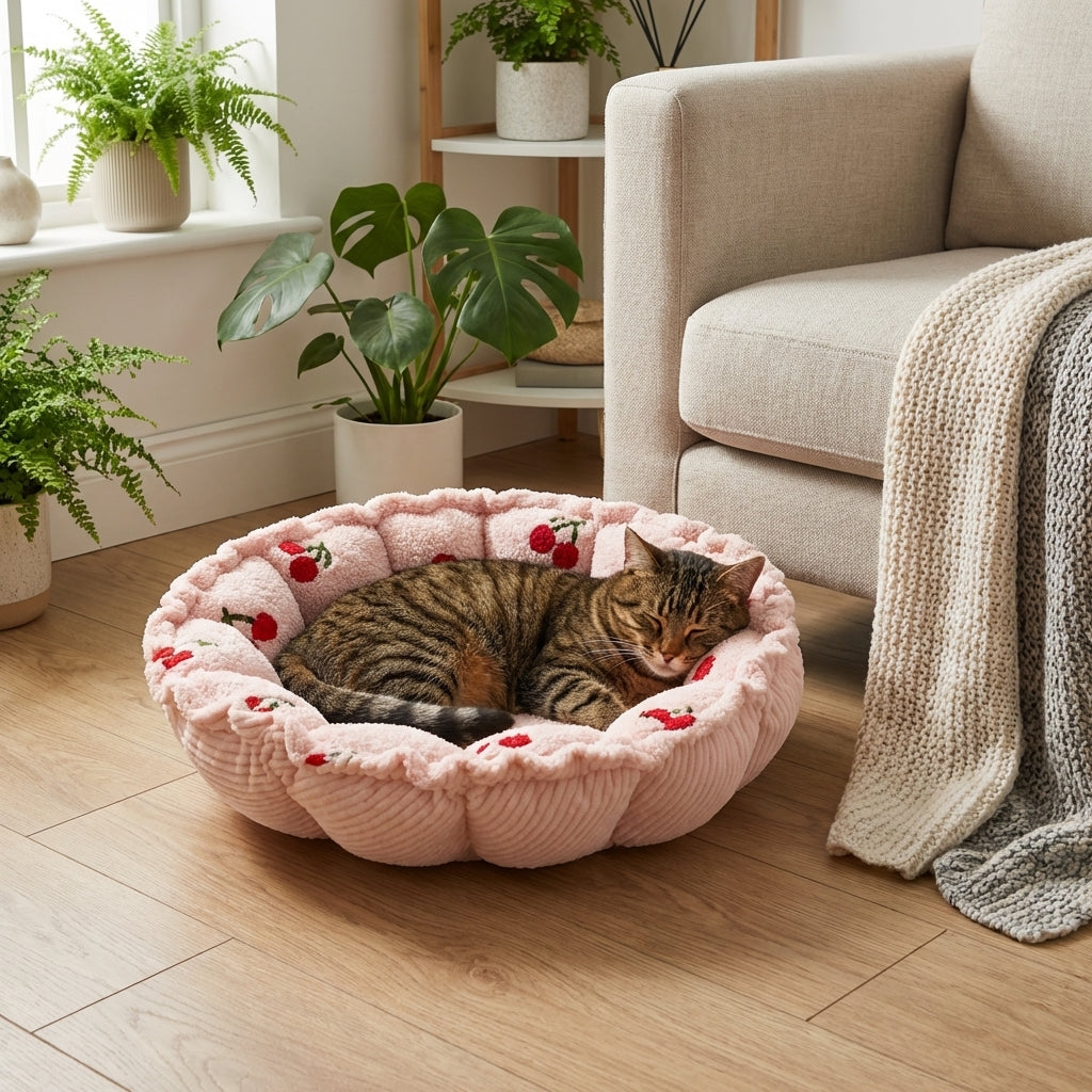 Verstellbares Katzenbett in Blütenblattform mit samtigem Wolken-Kirschmuster S/M | Rosalyssa