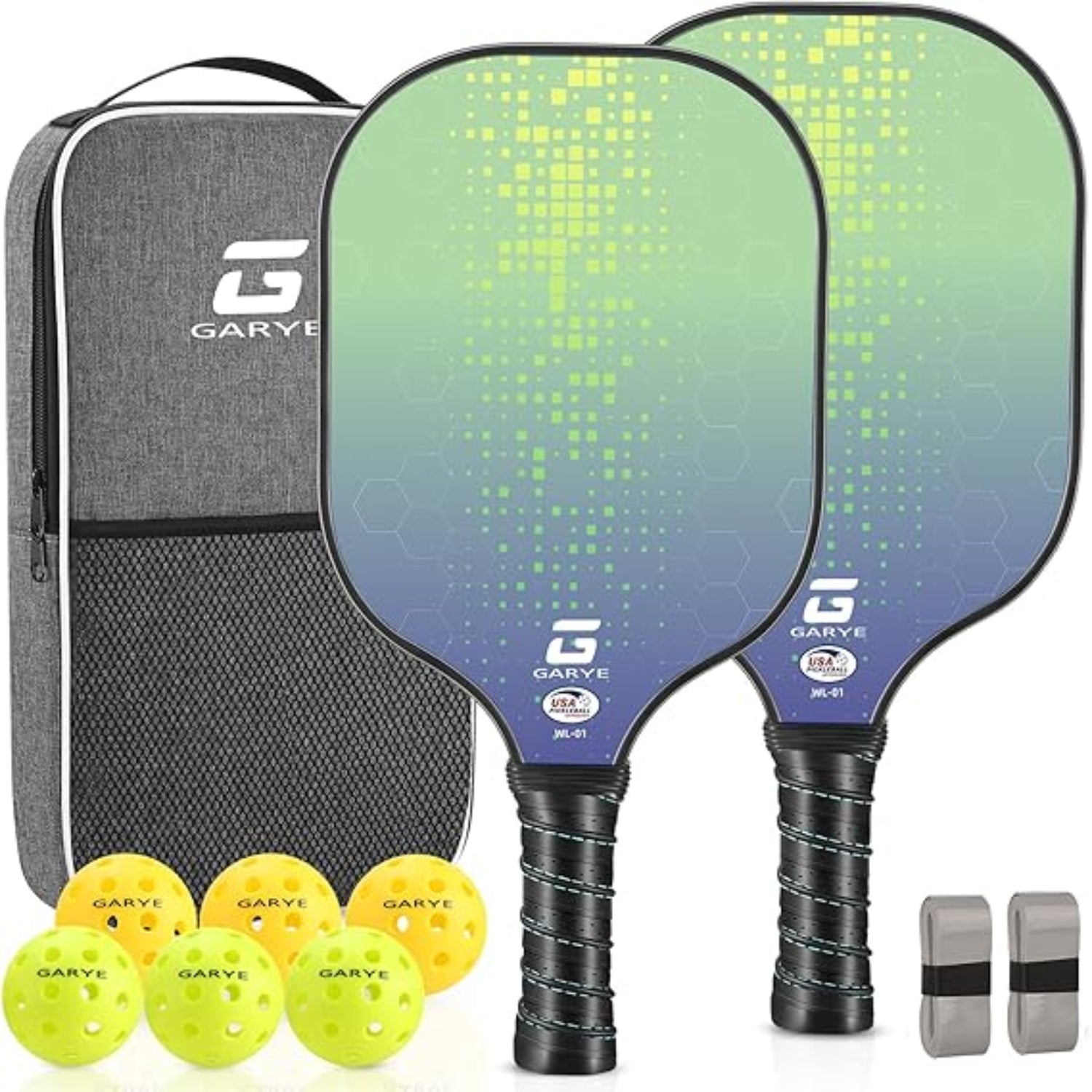 Lett Pickleball-rakettsett med grafittoverflate og polstret grep baller