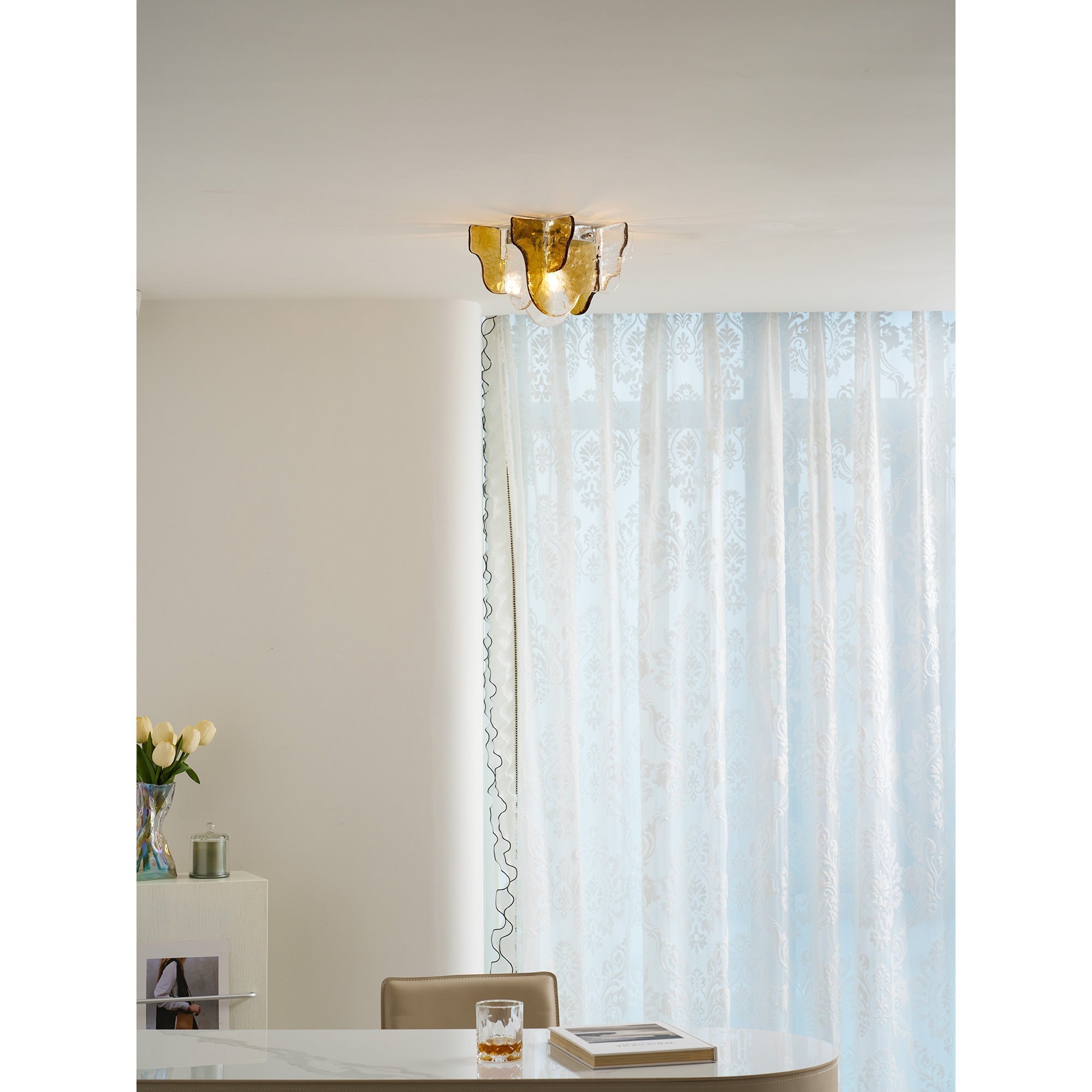 Lampada da soffitto in vetro soffiato a mano stile Murano con fumo grigio ambra trasparente