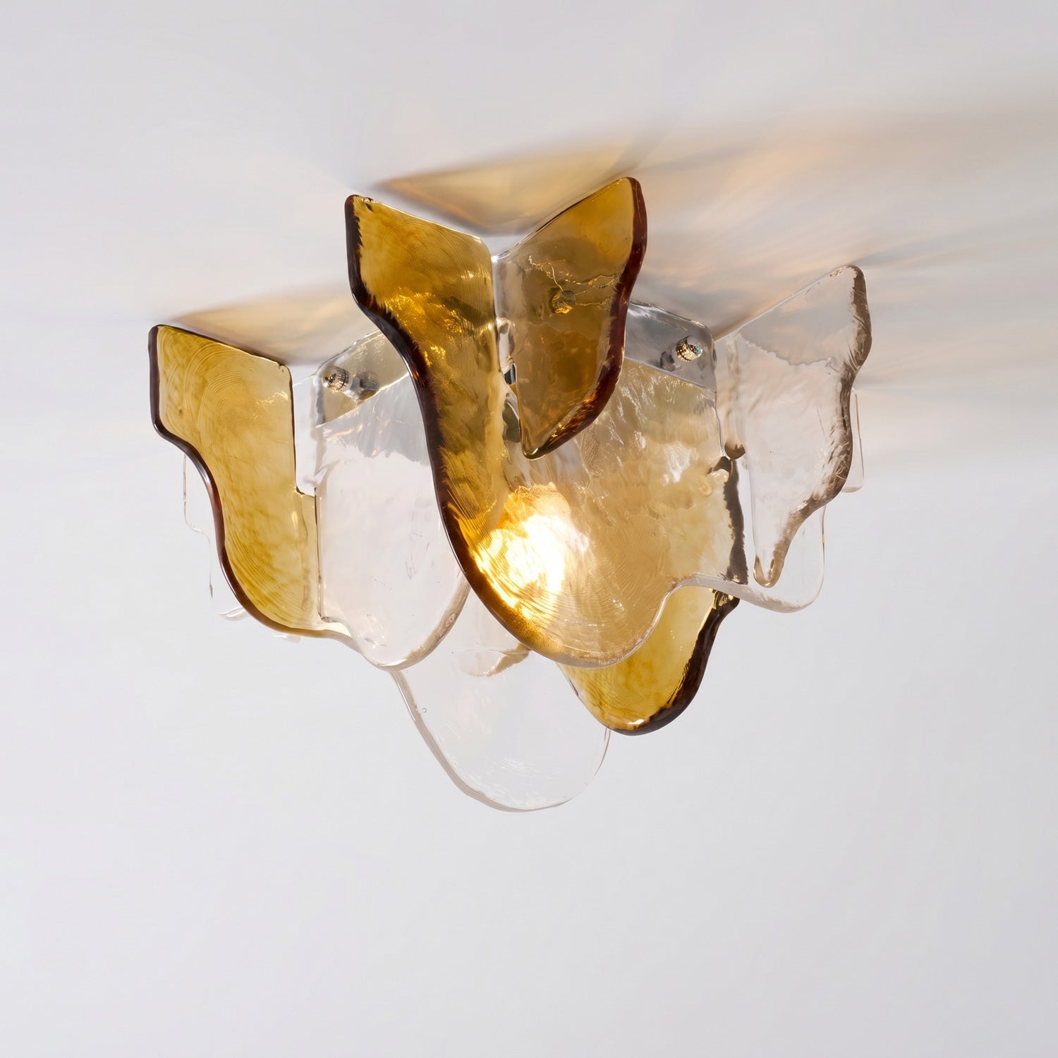 Lampada da soffitto in vetro soffiato a mano stile Murano con fumo grigio ambra trasparente