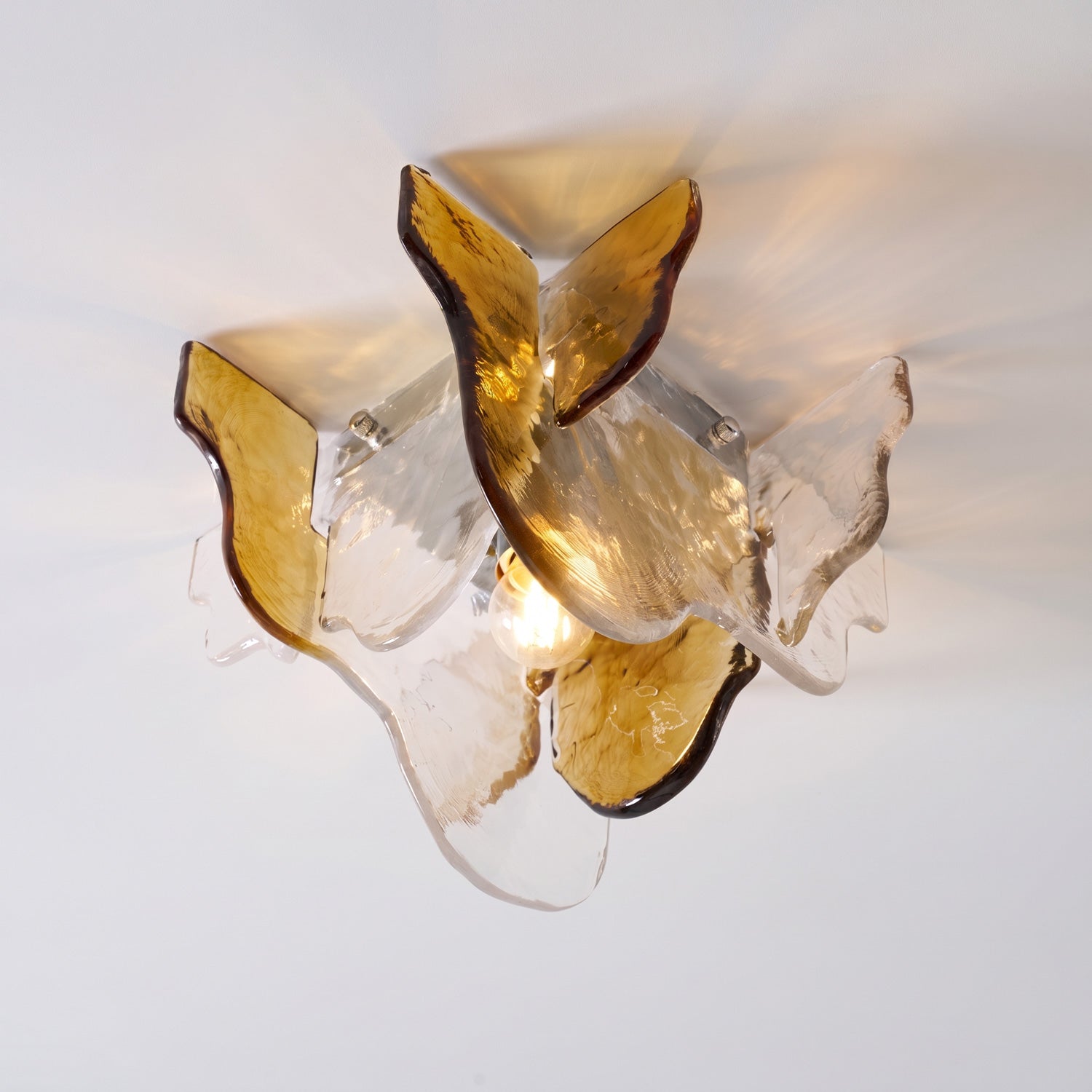 Lampada da soffitto in vetro soffiato a mano stile Murano con fumo grigio ambra trasparente
