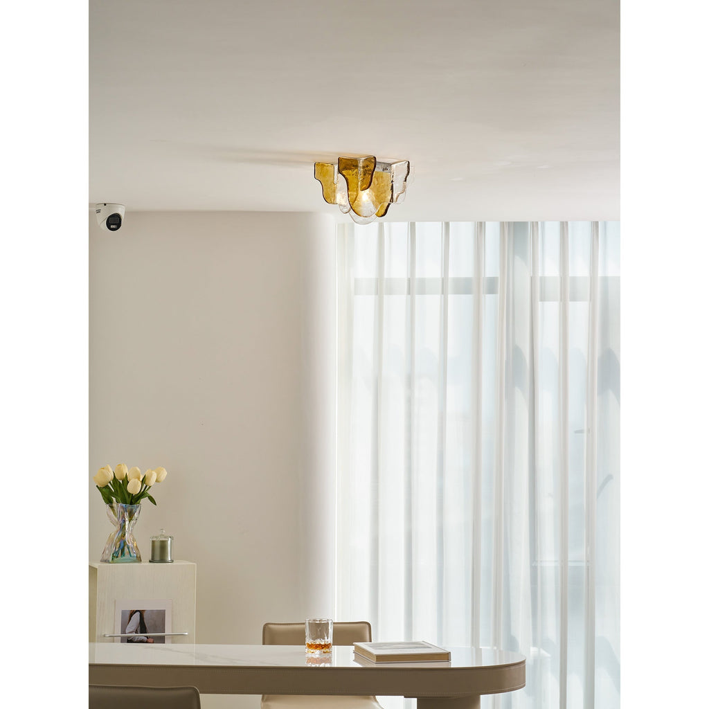 Lampada da soffitto in vetro soffiato a mano stile Murano con fumo grigio ambra trasparente