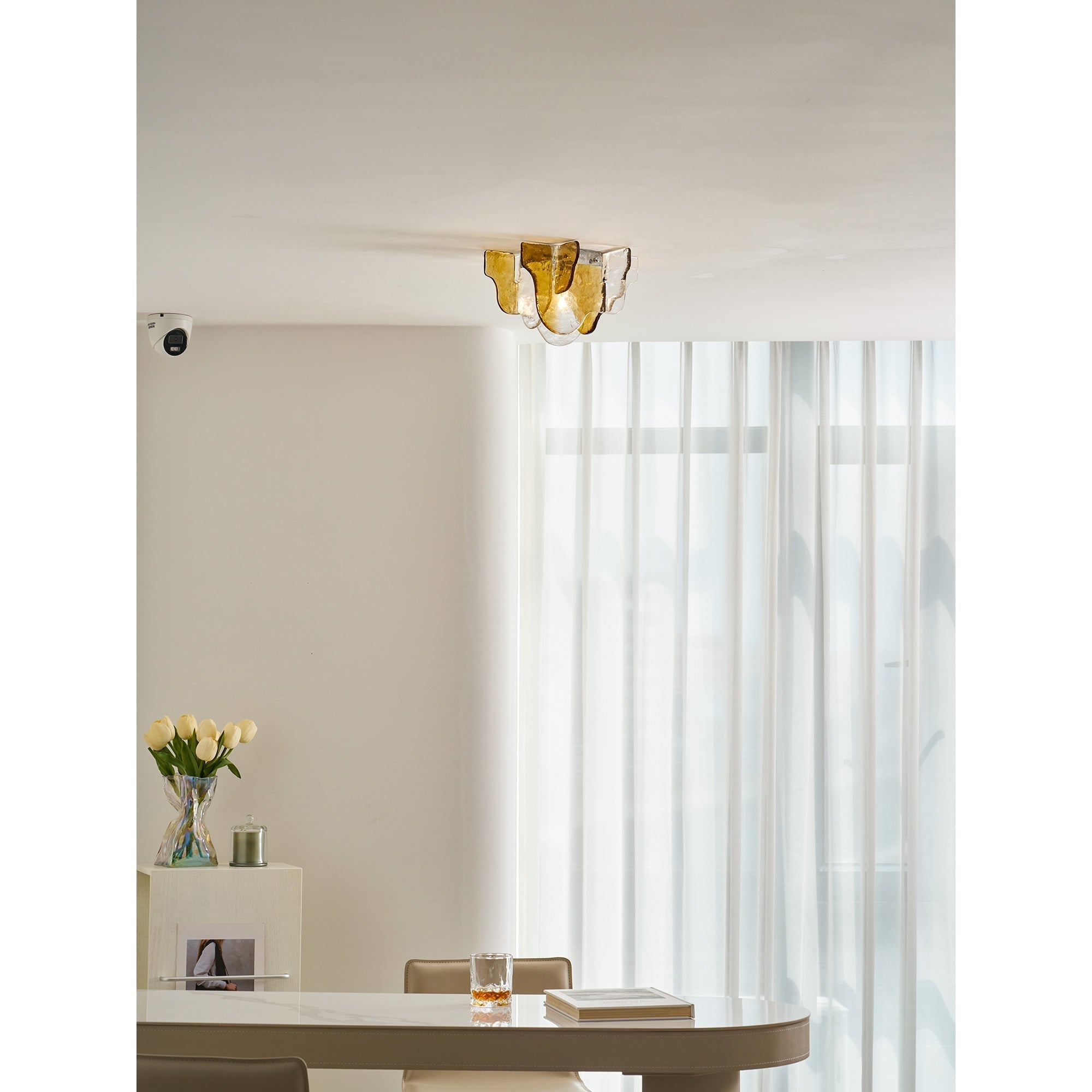 Lampada da soffitto in vetro soffiato a mano stile Murano con fumo grigio ambra trasparente
