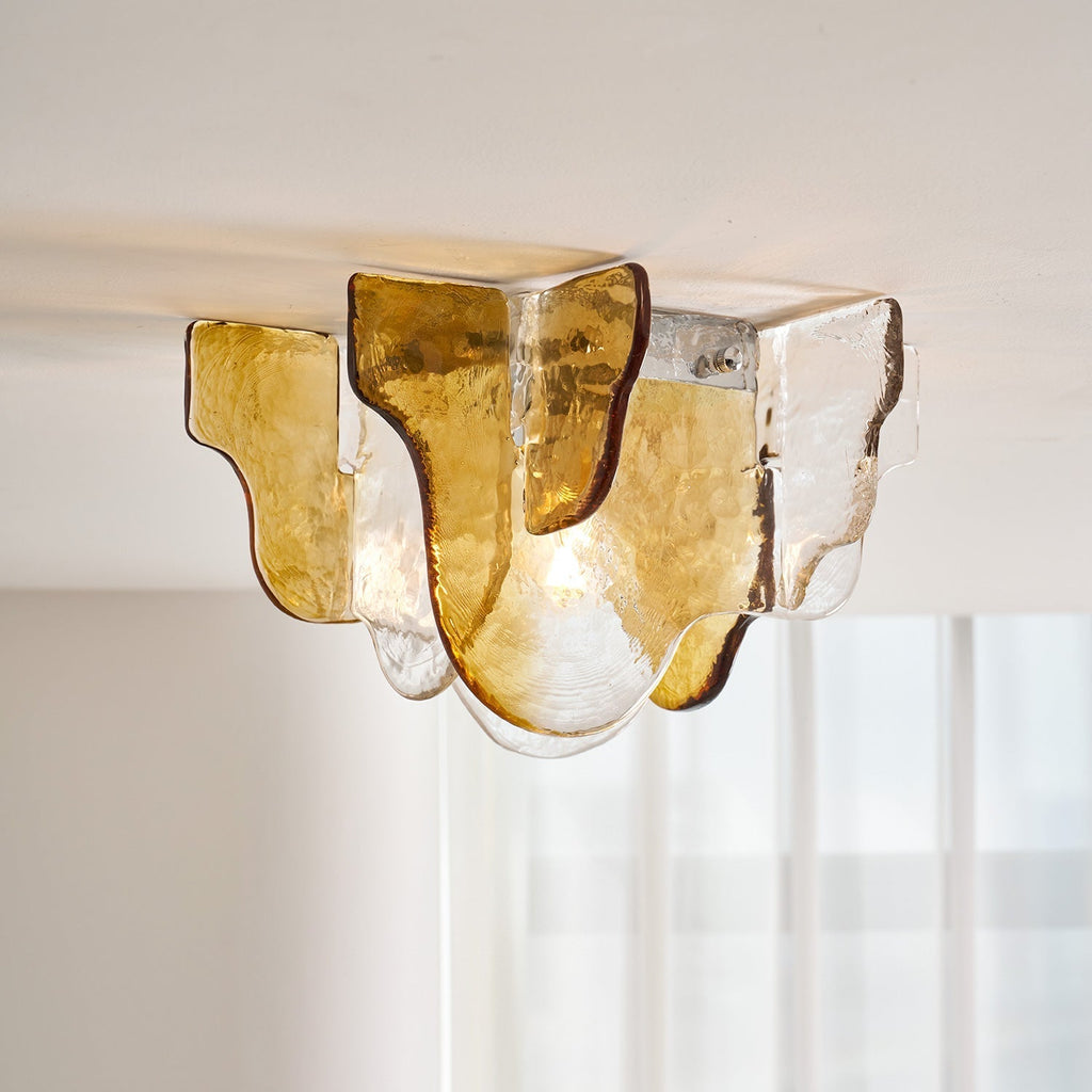 Lampada da soffitto in vetro soffiato a mano stile Murano con fumo grigio ambra trasparente