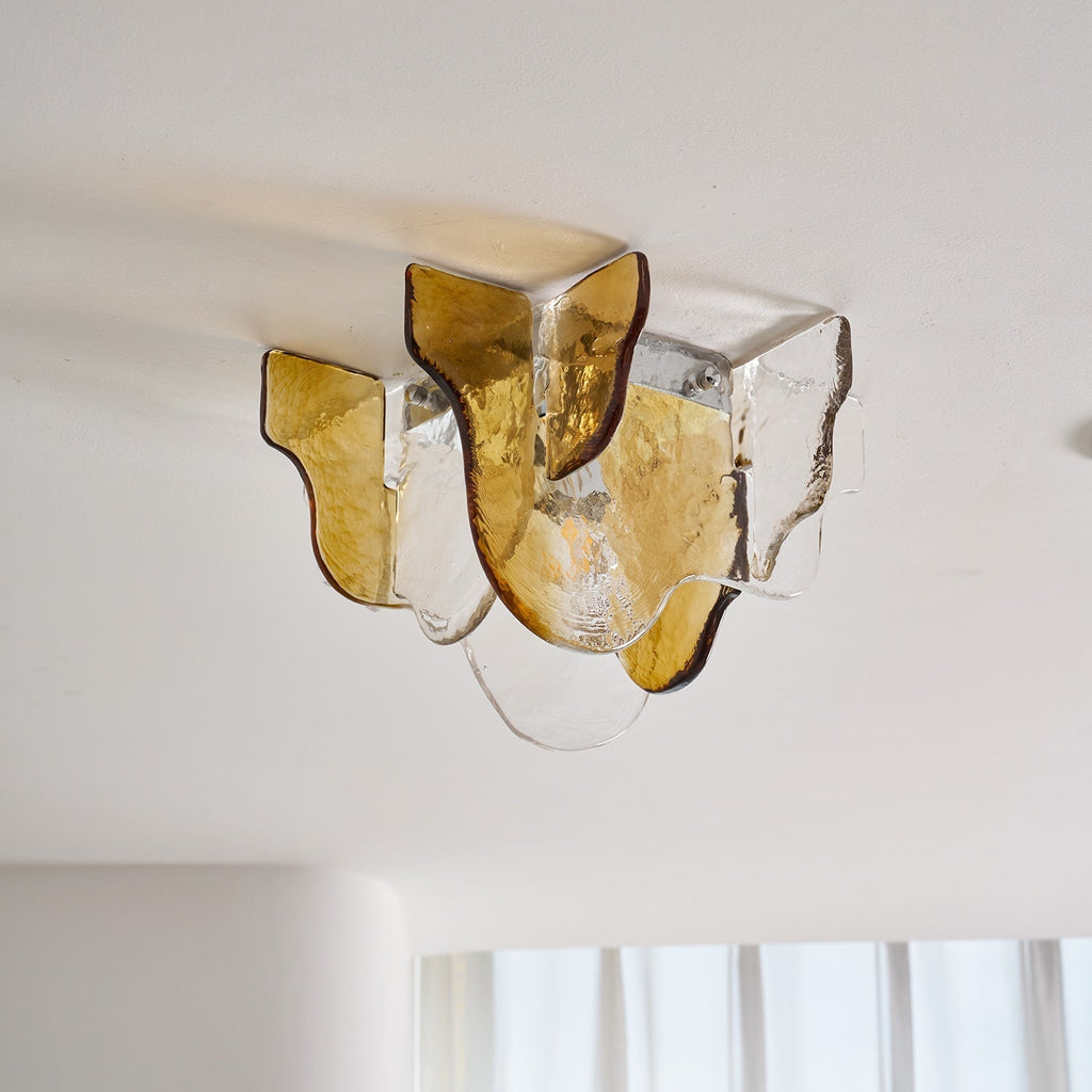 Lampada da soffitto in vetro soffiato a mano stile Murano con fumo grigio ambra trasparente