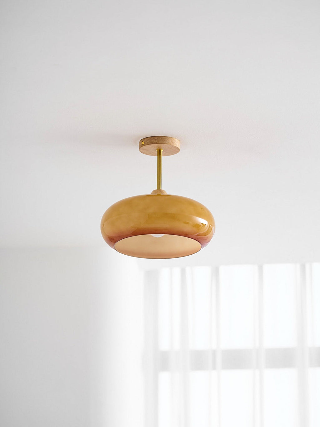 Lámpara de techo Bauhaus de vidrio y madera con diseño de disco en blanco o naranja para dormitorio y comedor