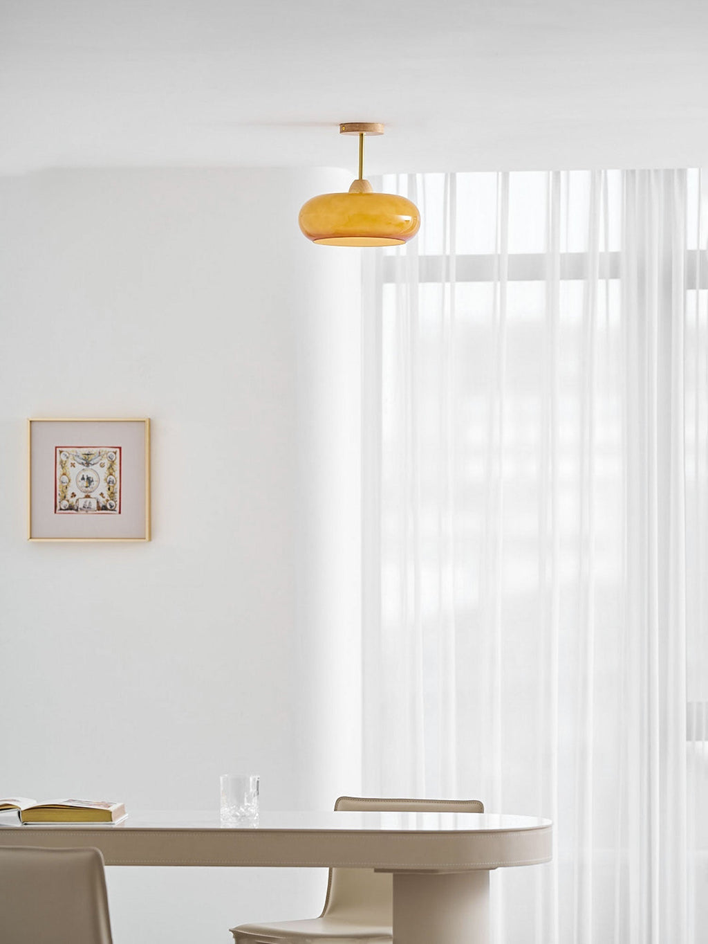 Lámpara de techo Bauhaus de vidrio y madera con diseño de disco en blanco o naranja para dormitorio y comedor