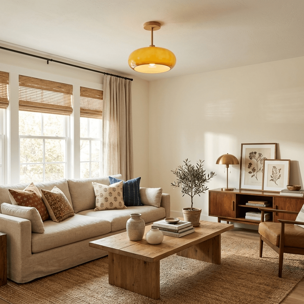 Lámpara de techo Bauhaus de vidrio y madera con diseño de disco en blanco o naranja para dormitorio y comedor
