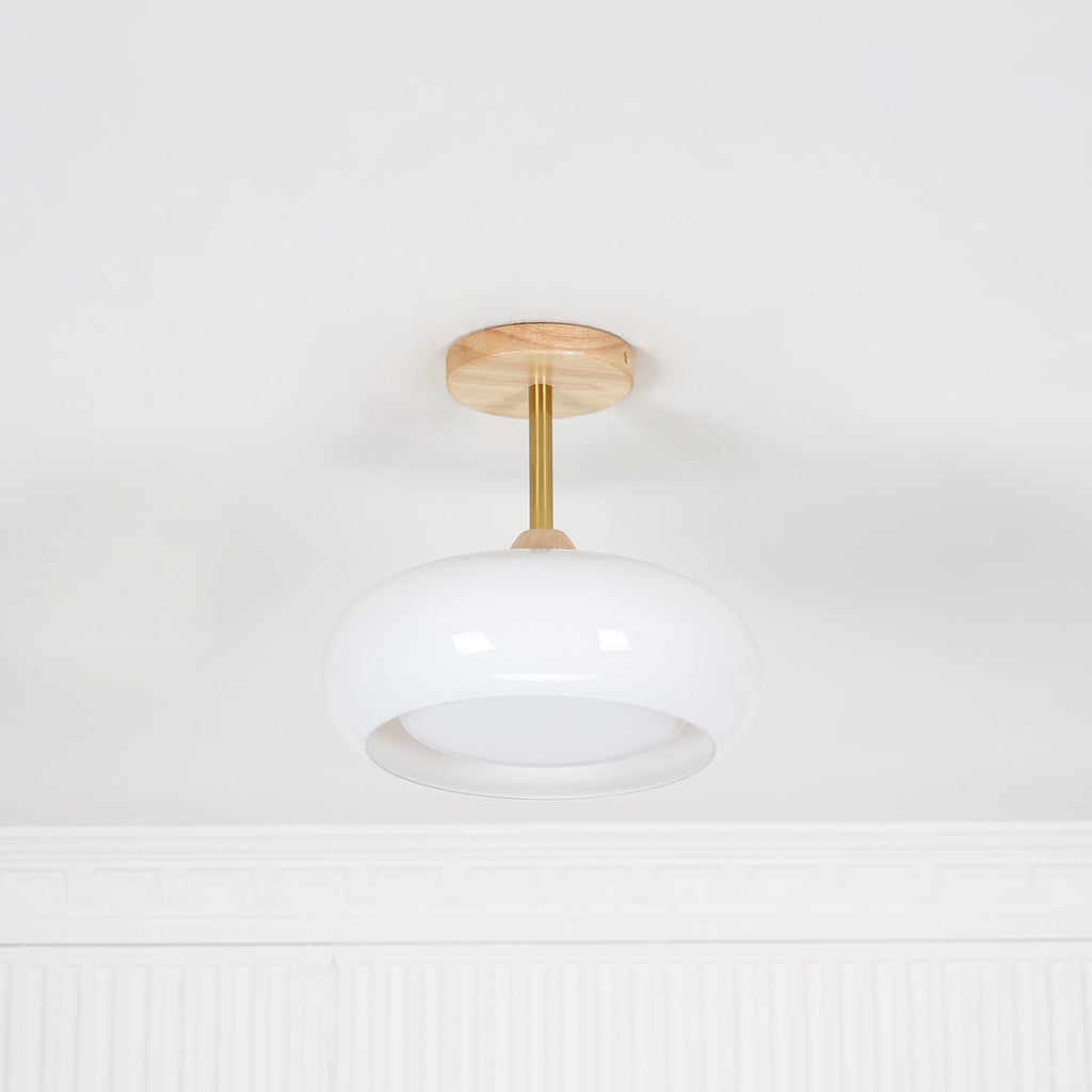 Lámpara de techo Bauhaus de vidrio y madera con diseño de disco en blanco o naranja para dormitorio y comedor