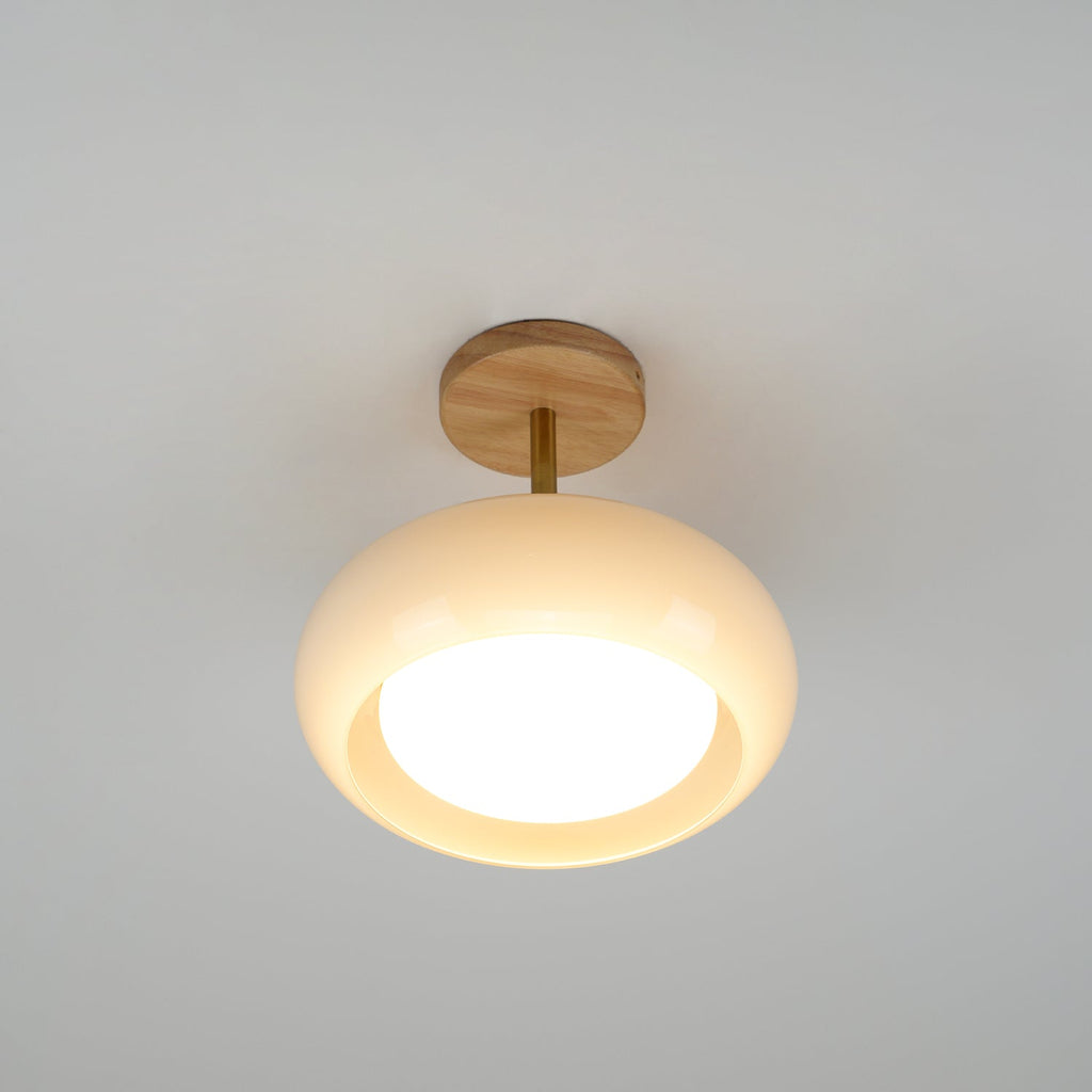Lámpara de techo Bauhaus de vidrio y madera con diseño de disco en blanco o naranja para dormitorio y comedor