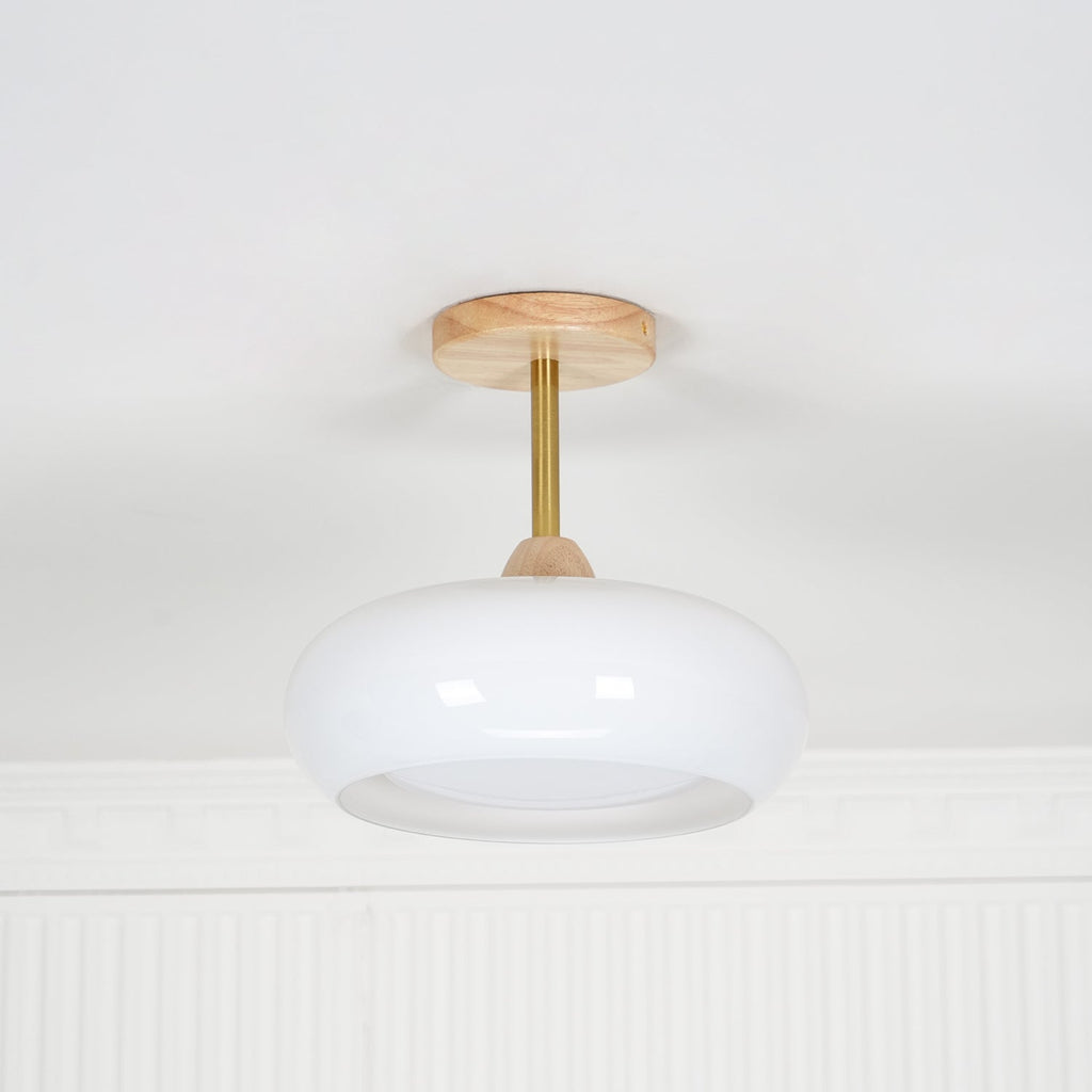 Lámpara de techo Bauhaus de vidrio y madera con diseño de disco en blanco o naranja para dormitorio y comedor