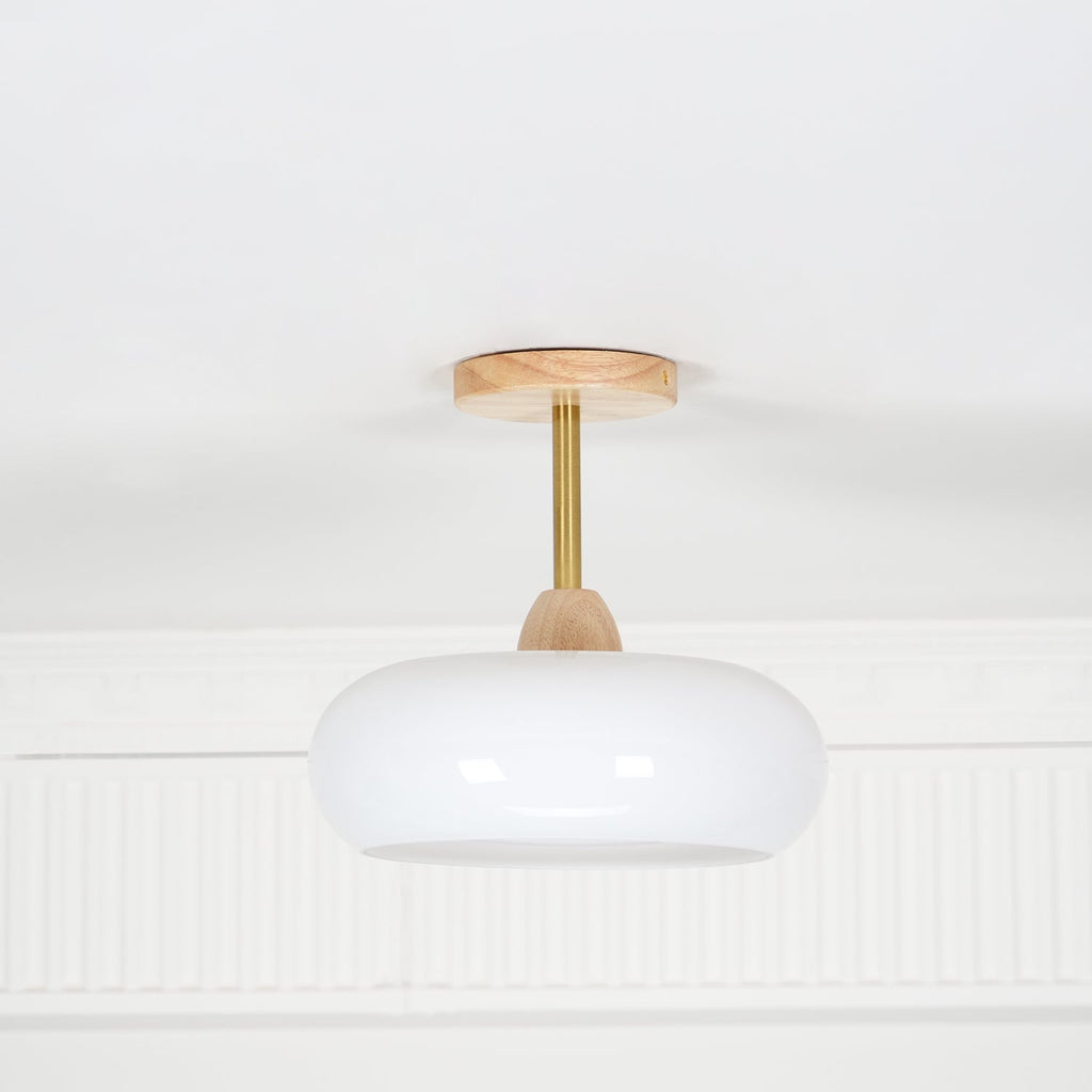 Lámpara de techo Bauhaus de vidrio y madera con diseño de disco en blanco o naranja para dormitorio y comedor