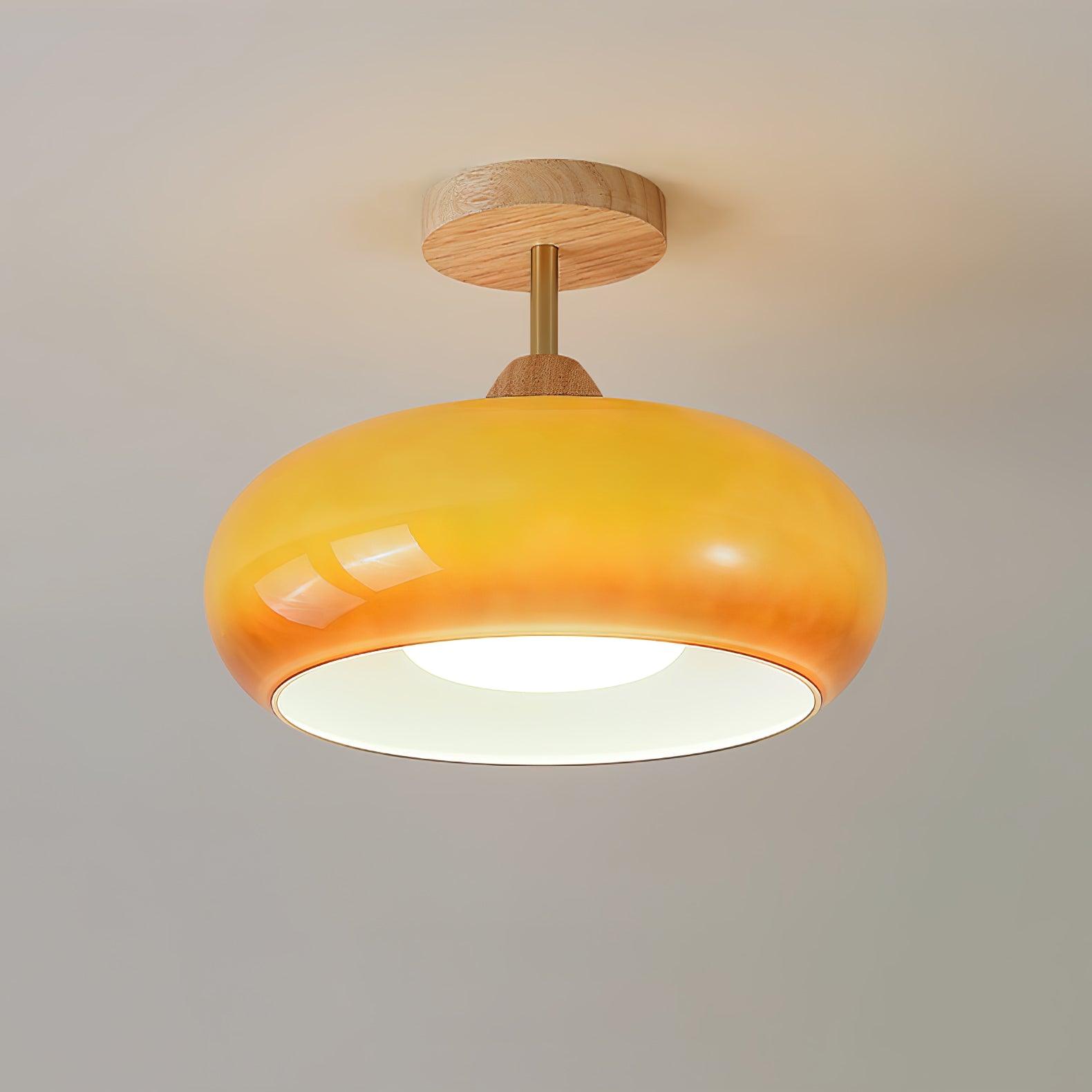 Lámpara de techo Bauhaus de vidrio y madera con diseño de disco en blanco o naranja para dormitorio y comedor