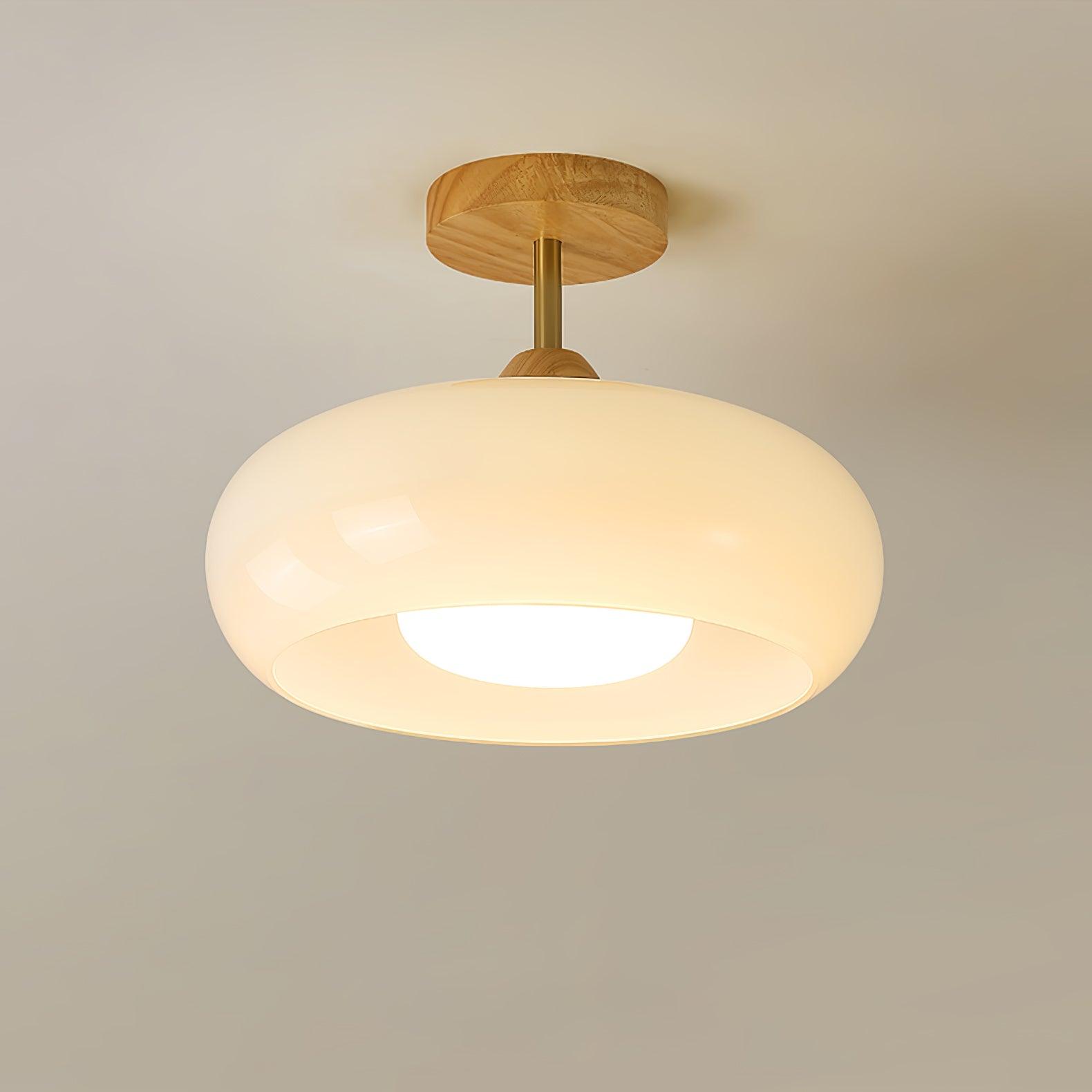 Lámpara de techo Bauhaus de vidrio y madera con diseño de disco en blanco o naranja para dormitorio y comedor