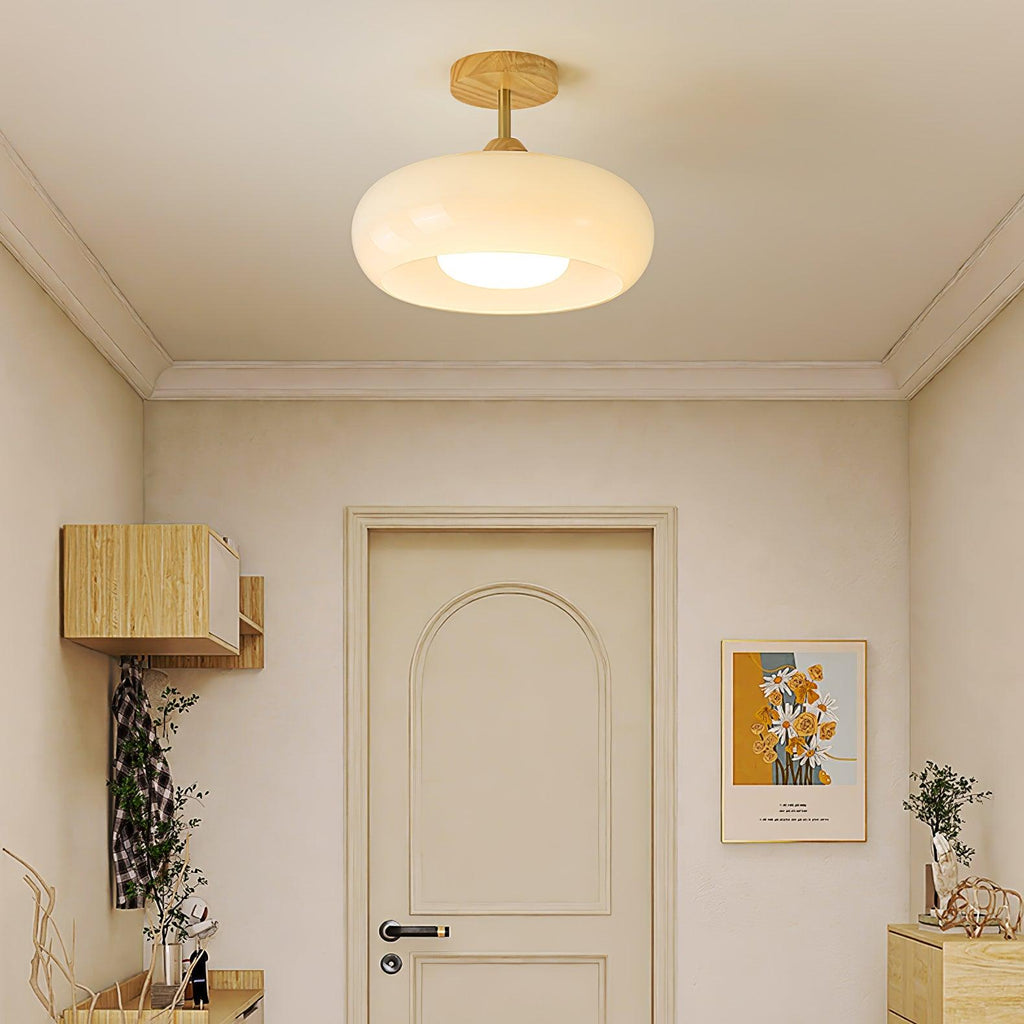 Lámpara de techo Bauhaus de vidrio y madera con diseño de disco en blanco o naranja para dormitorio y comedor