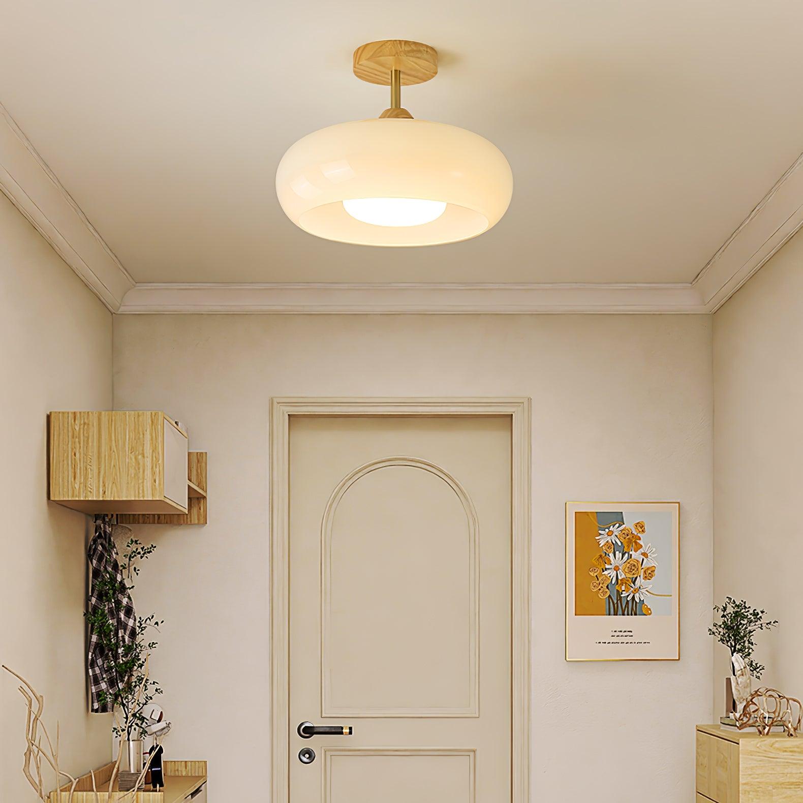 Lámpara de techo Bauhaus de vidrio y madera con diseño de disco en blanco o naranja para dormitorio y comedor