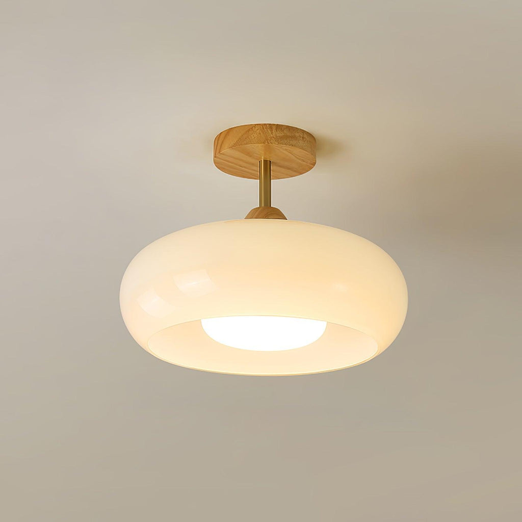 Lámpara de techo Bauhaus de vidrio y madera con diseño de disco en blanco o naranja para dormitorio y comedor