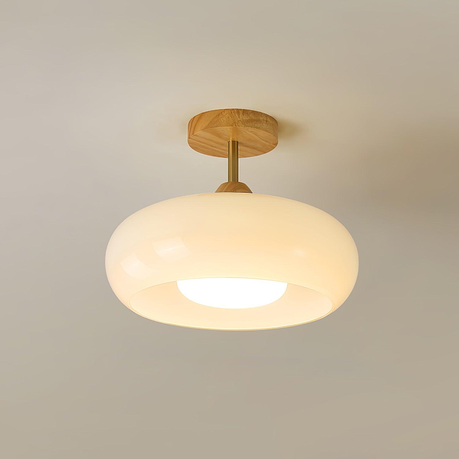Lámpara de techo Bauhaus de vidrio y madera con diseño de disco en blanco o naranja para dormitorio y comedor