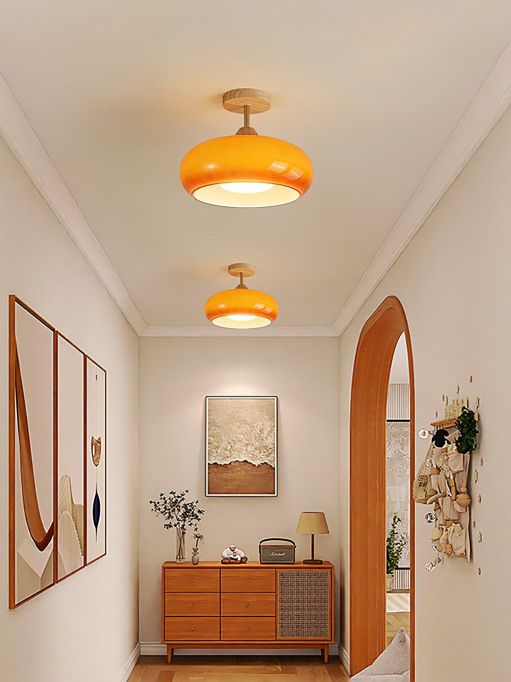 Lámpara de techo Bauhaus de vidrio y madera con diseño de disco en blanco o naranja para dormitorio y comedor