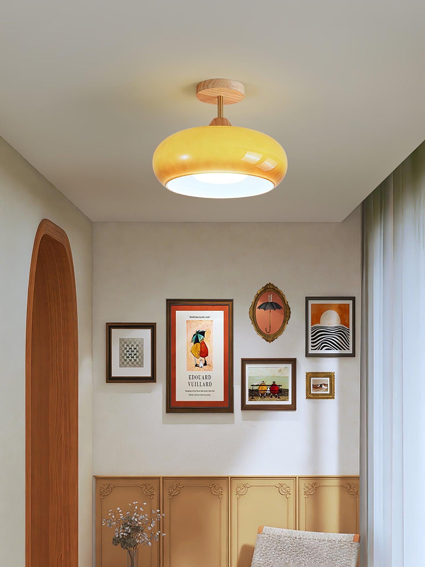 Lámpara de techo Bauhaus de vidrio y madera con diseño de disco en blanco o naranja para dormitorio y comedor