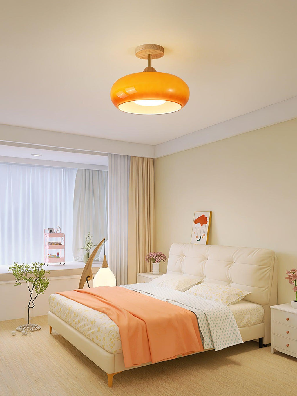 Lámpara de techo Bauhaus de vidrio y madera con diseño de disco en blanco o naranja para dormitorio y comedor