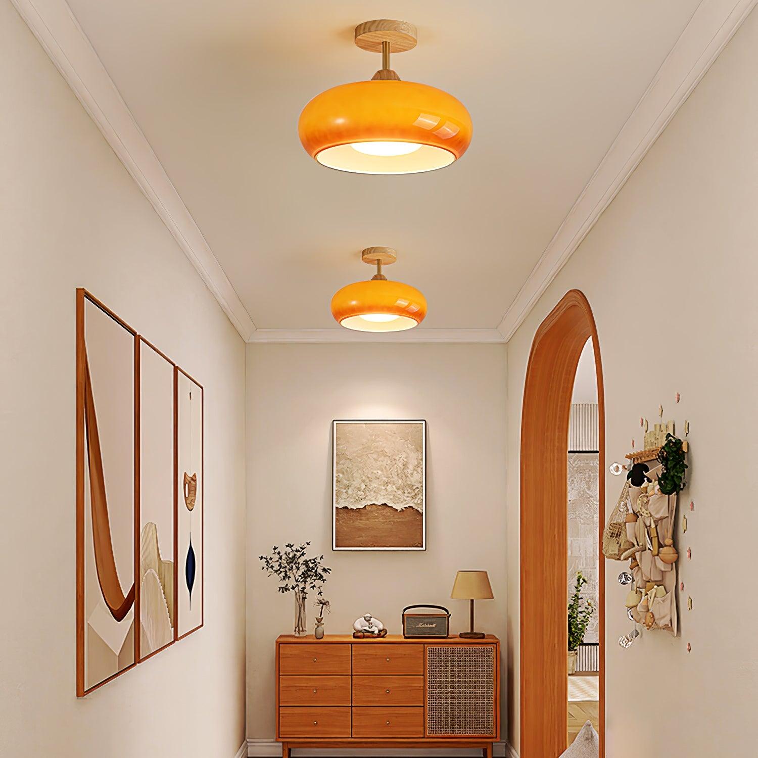 Lámpara de techo Bauhaus de vidrio y madera con diseño de disco en blanco o naranja para dormitorio y comedor