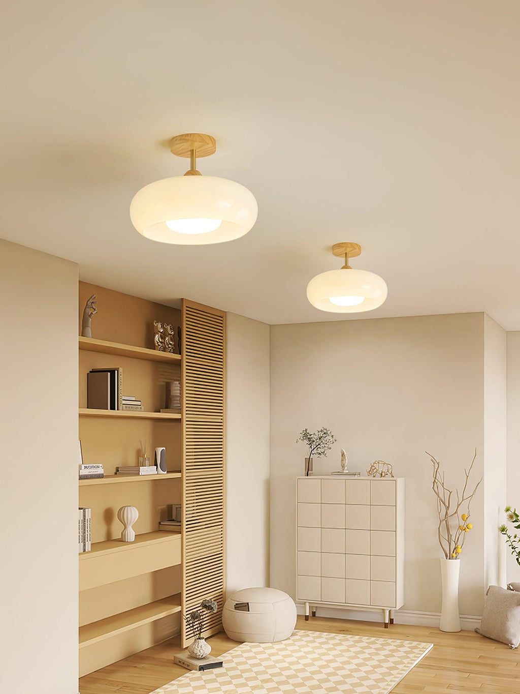 Lámpara de techo Bauhaus de vidrio y madera con diseño de disco en blanco o naranja para dormitorio y comedor