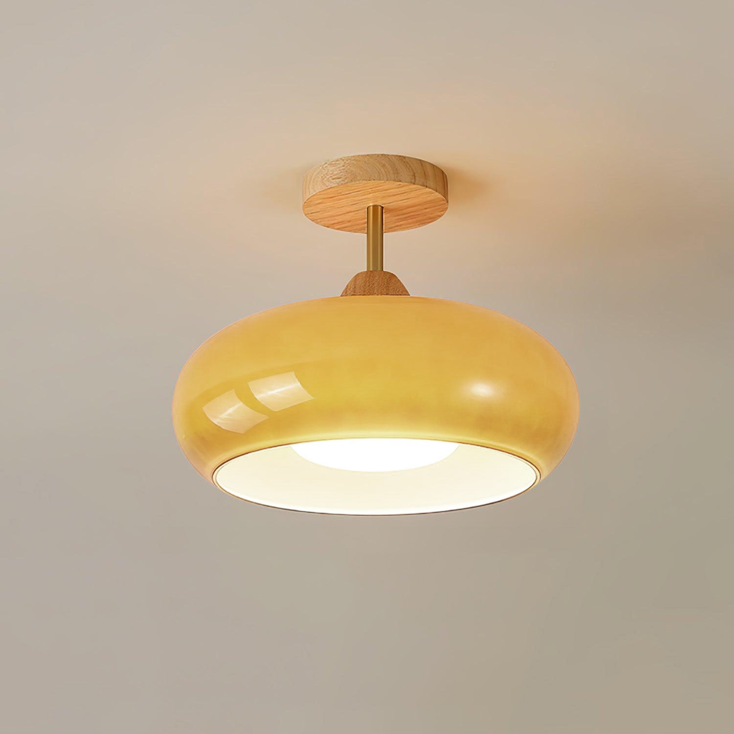 Lámpara de techo Bauhaus de vidrio y madera con diseño de disco en blanco o naranja para dormitorio y comedor