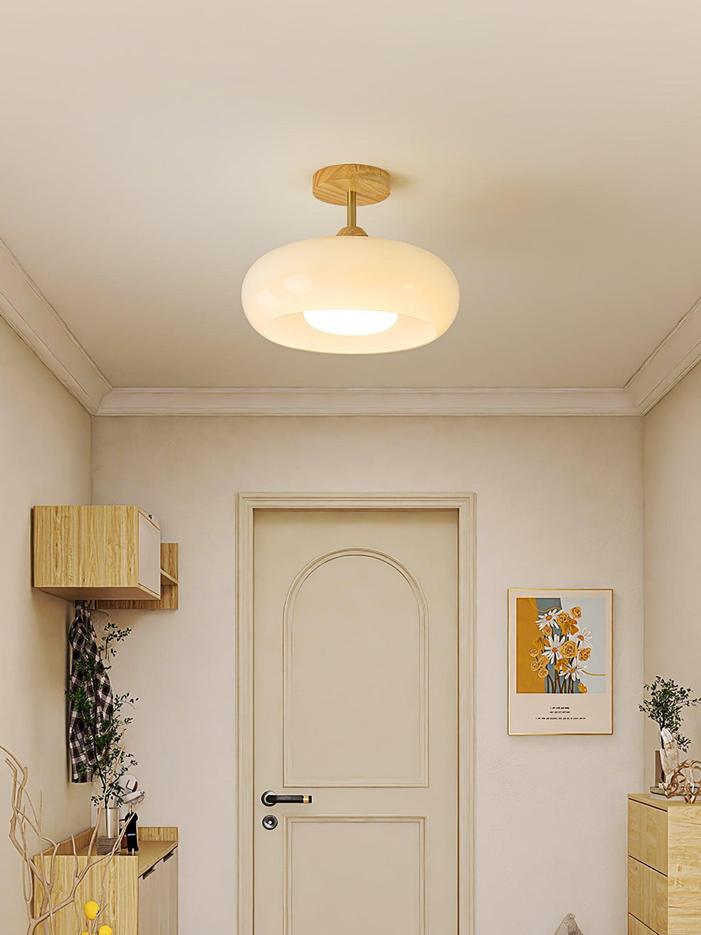 Lámpara de techo Bauhaus de vidrio y madera con diseño de disco en blanco o naranja para dormitorio y comedor