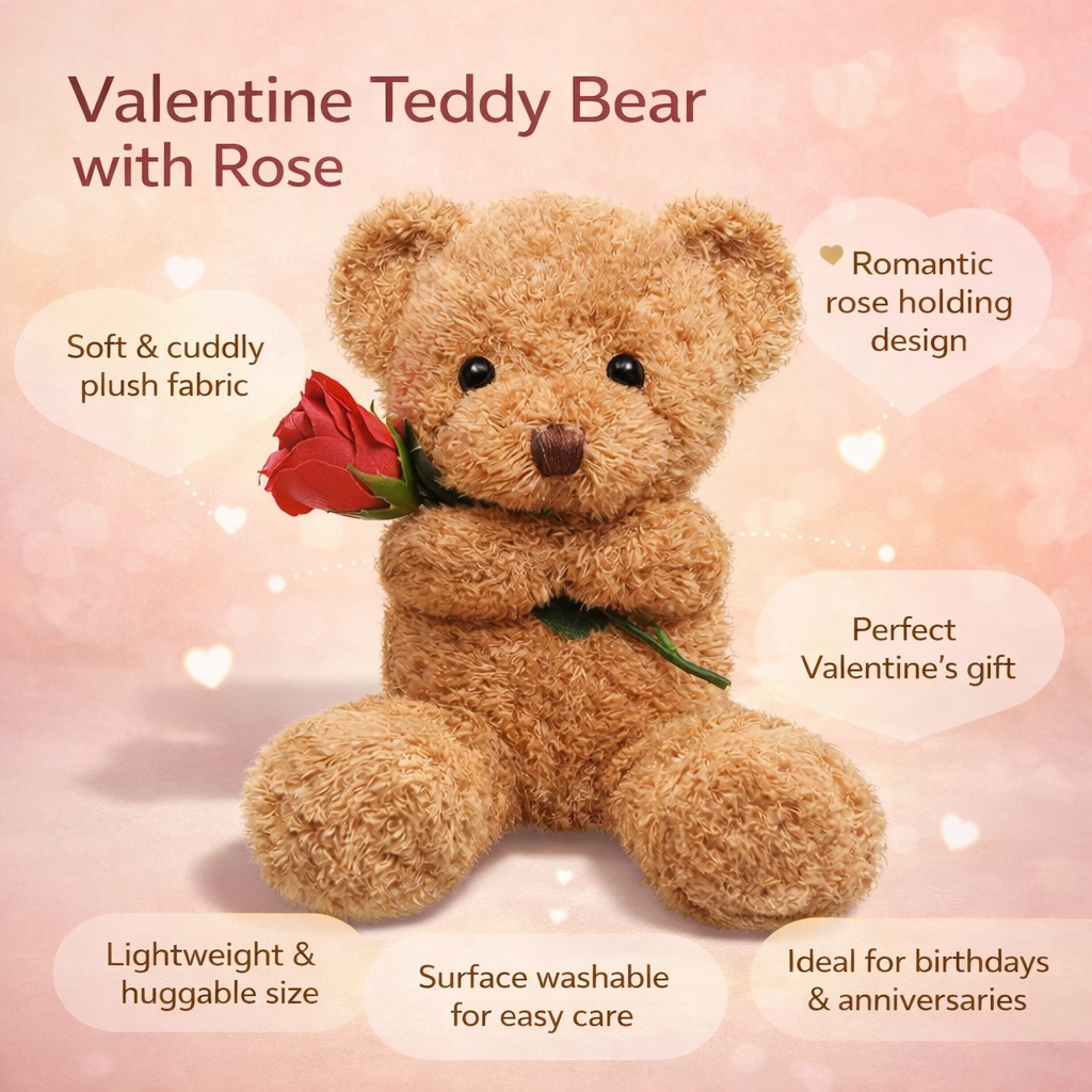 Valentine Rose Holding Plush Bear Gift For Your Loved One