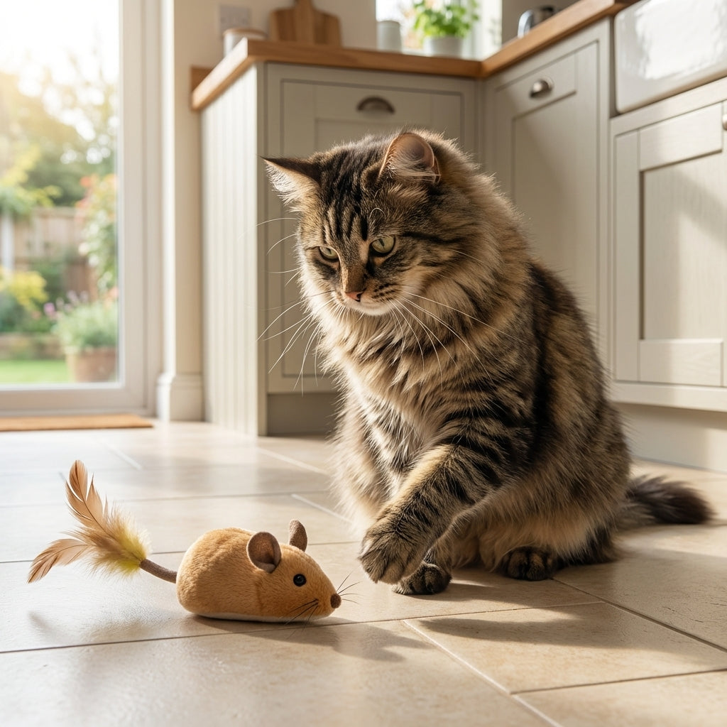 Plush Mouse Cat Toy With Feather Tail Battery Operated Grey And Orange | Rosalyssa