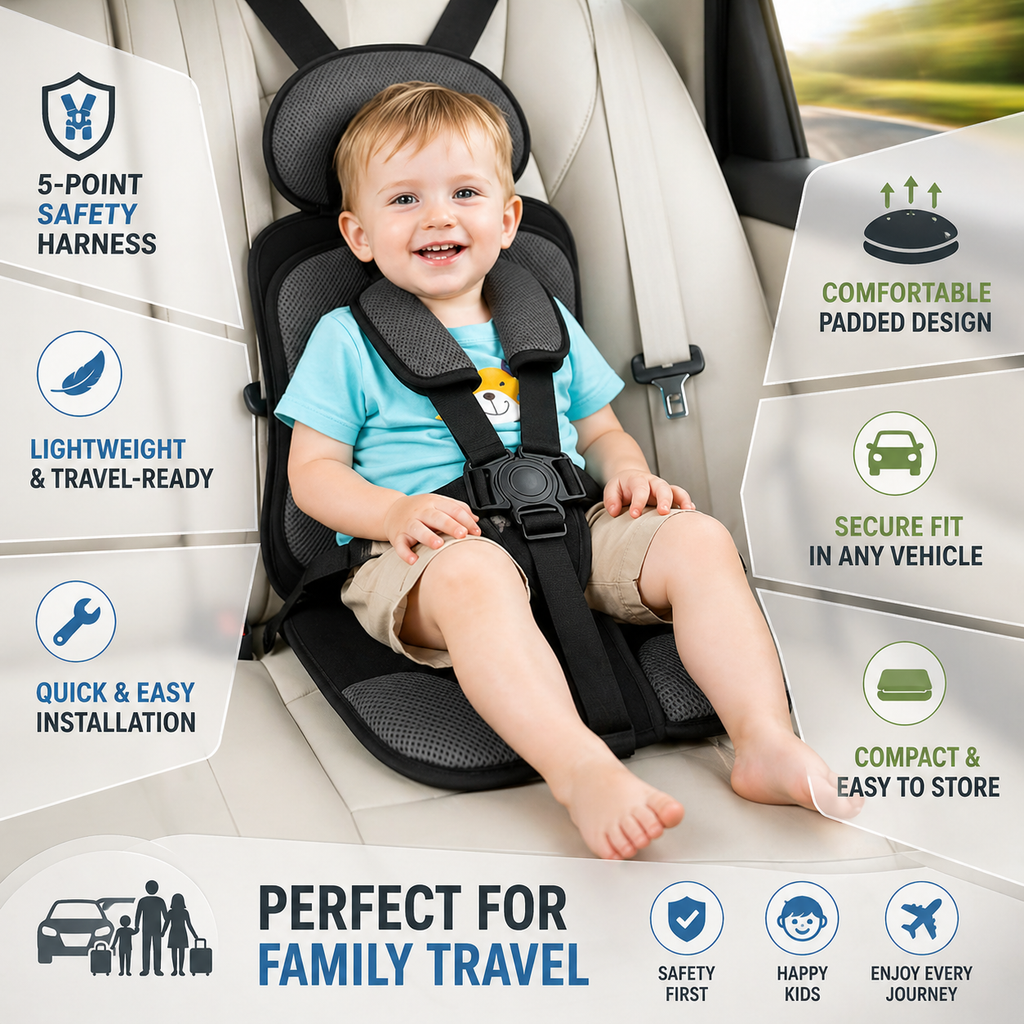 Portable Travel Car Seat With 5-Point Harness For Kids