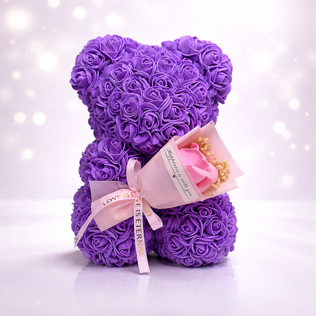 Dekorace na stůl Rose Bear s umělými růžemi pro valentýnský dárek a vystavení