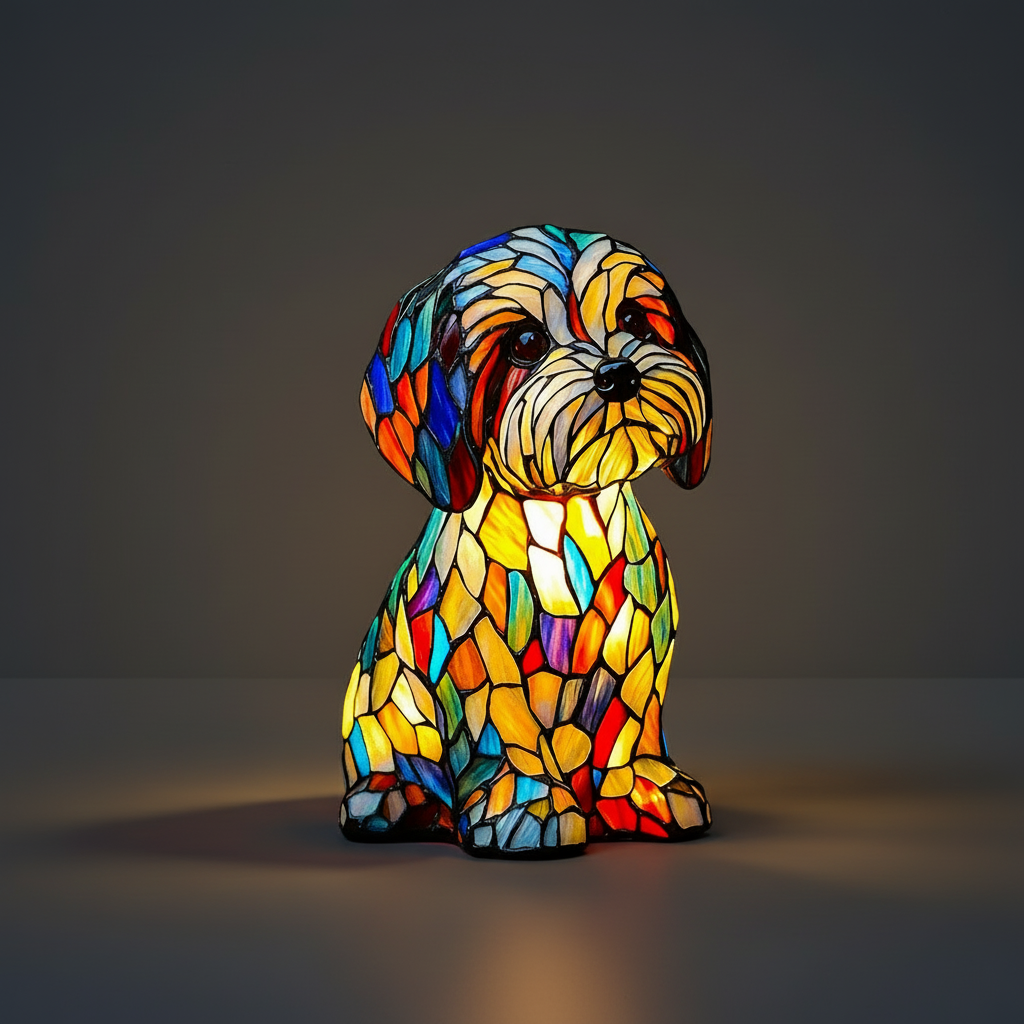 Bordlampe med hundemotiv og glassmaleri LED-nattlys