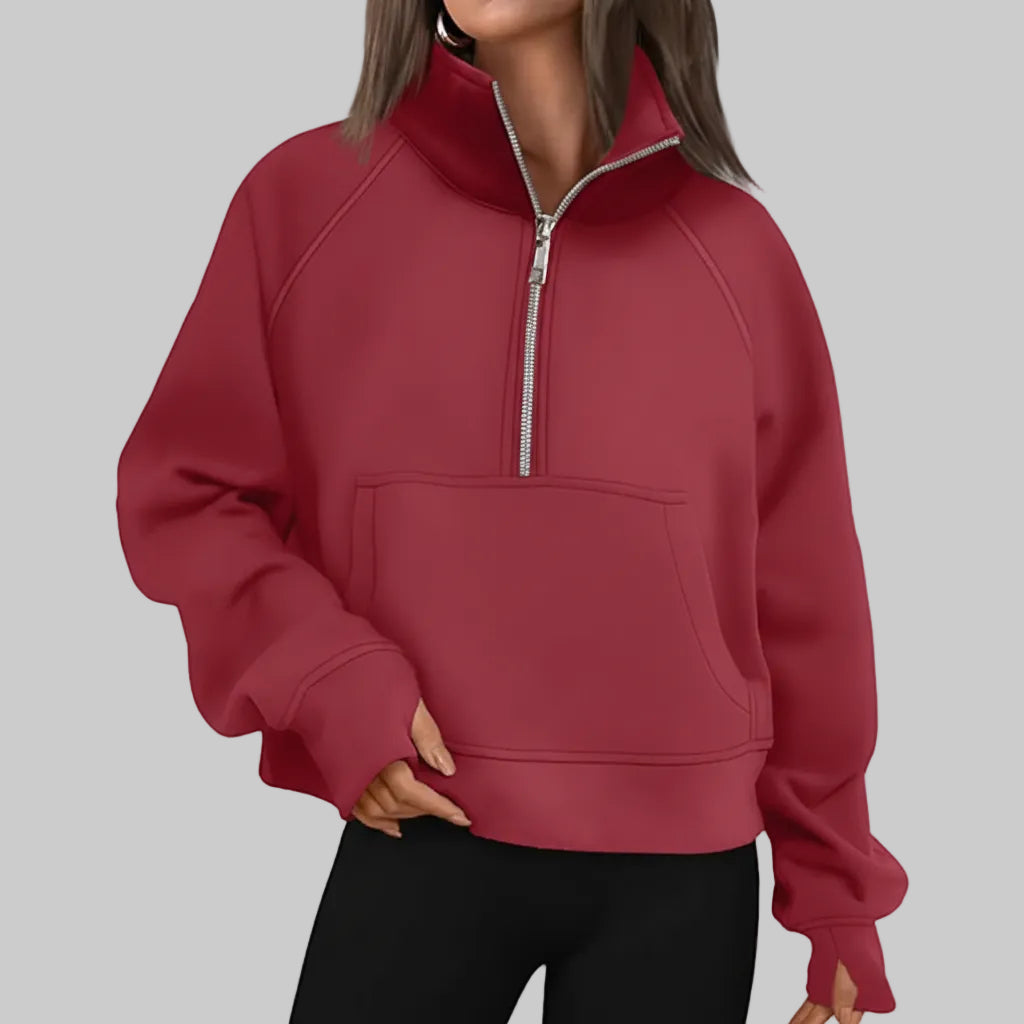 Dame Cropped Fleece Sweatshirt med Halv Lynlås til Hverdagsvarme