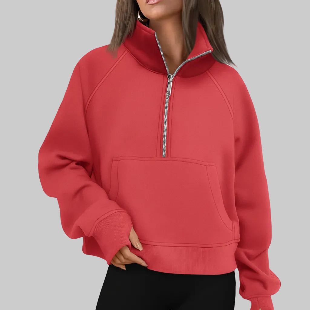 Dame Cropped Fleece Sweatshirt med Halv Lynlås til Hverdagsvarme