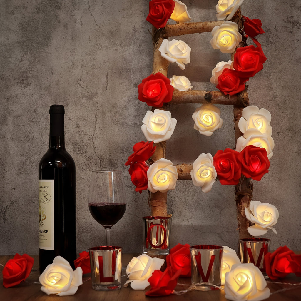 Řetězová světla s růžemi na baterie pro romantickou domácí výzdobu