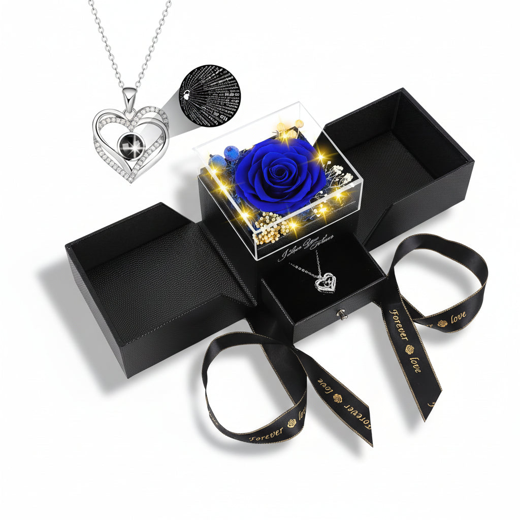 Scatola Regalo Elegante con Rosa Conservata, Luce LED e Collana Love