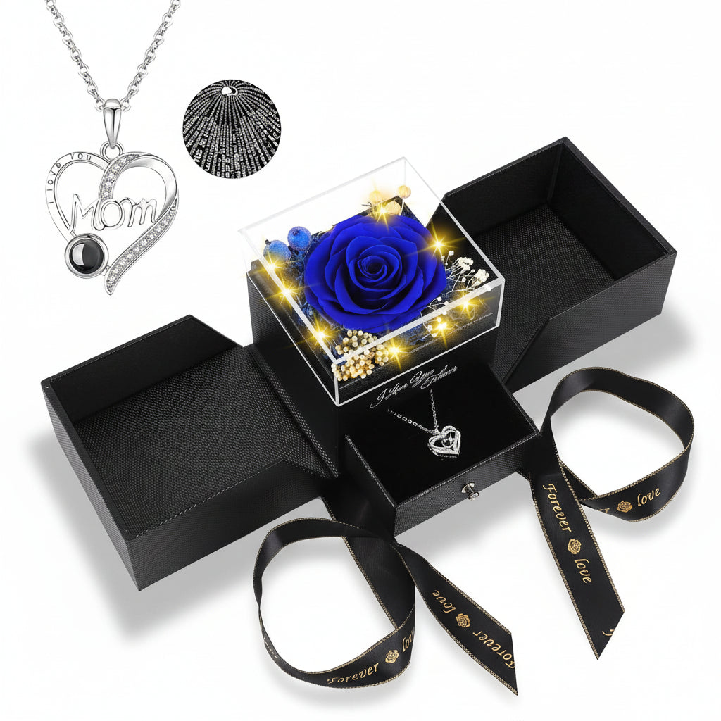 Scatola Regalo Elegante con Rosa Conservata, Luce LED e Collana Love