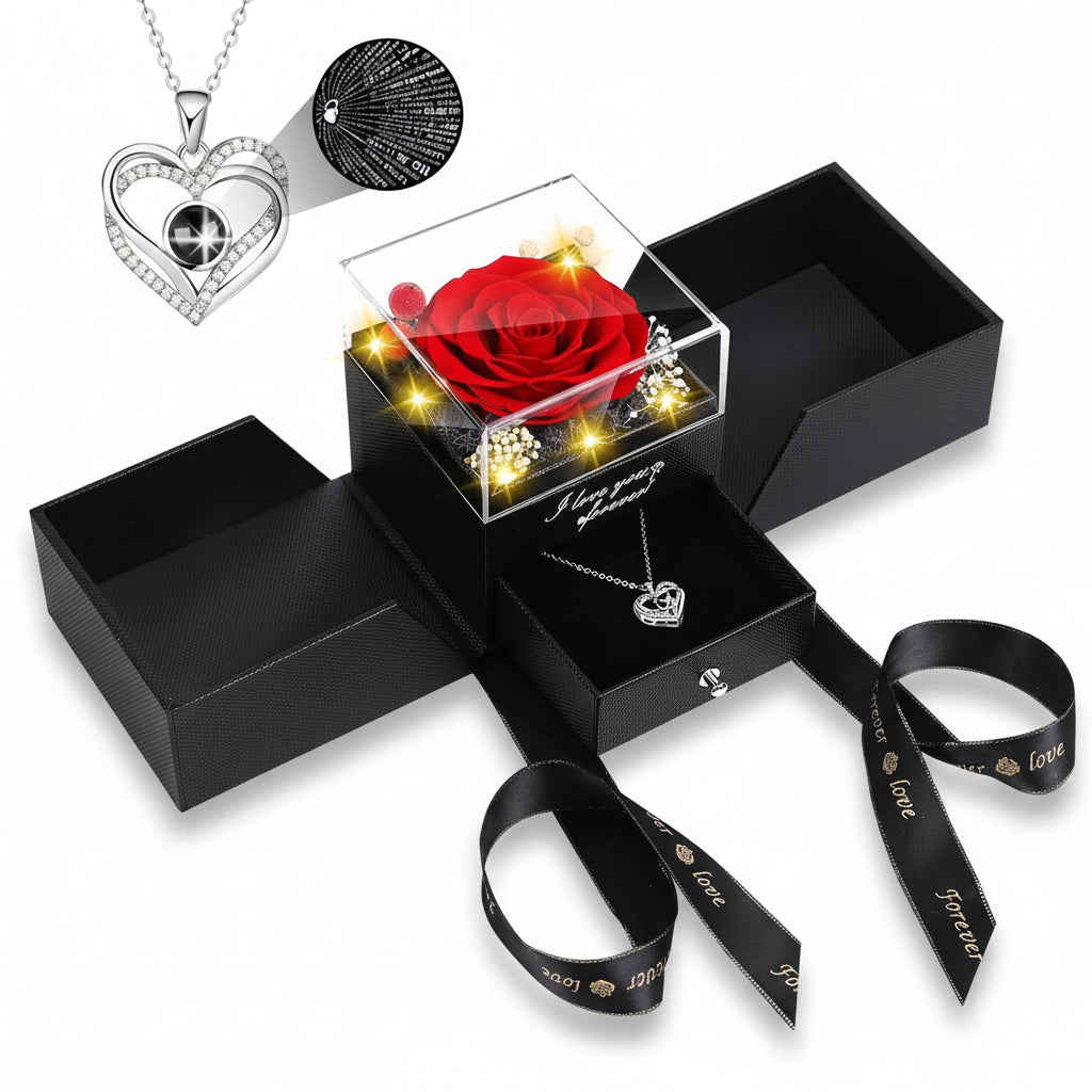 Scatola Regalo Elegante con Rosa Conservata, Luce LED e Collana Love
