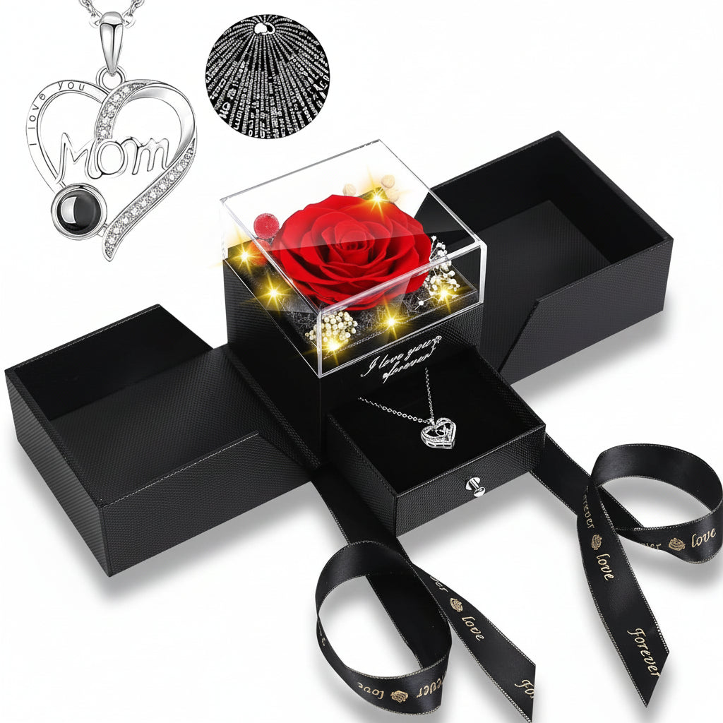 Scatola Regalo Elegante con Rosa Conservata, Luce LED e Collana Love