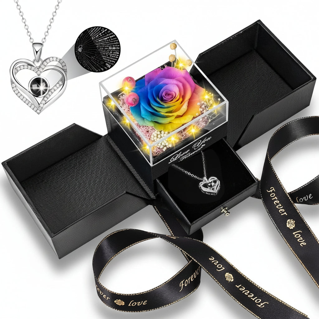 Scatola Regalo Elegante con Rosa Conservata, Luce LED e Collana Love