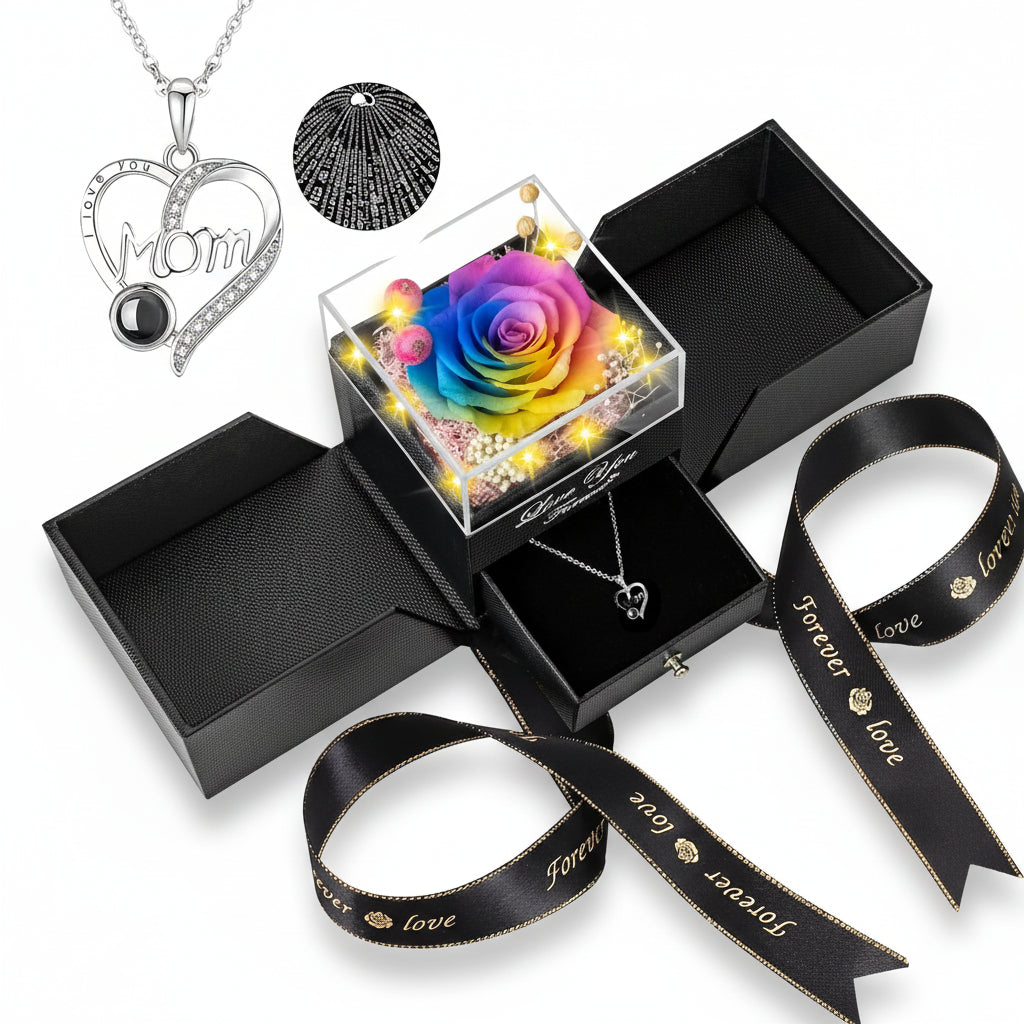 Scatola Regalo Elegante con Rosa Conservata, Luce LED e Collana Love