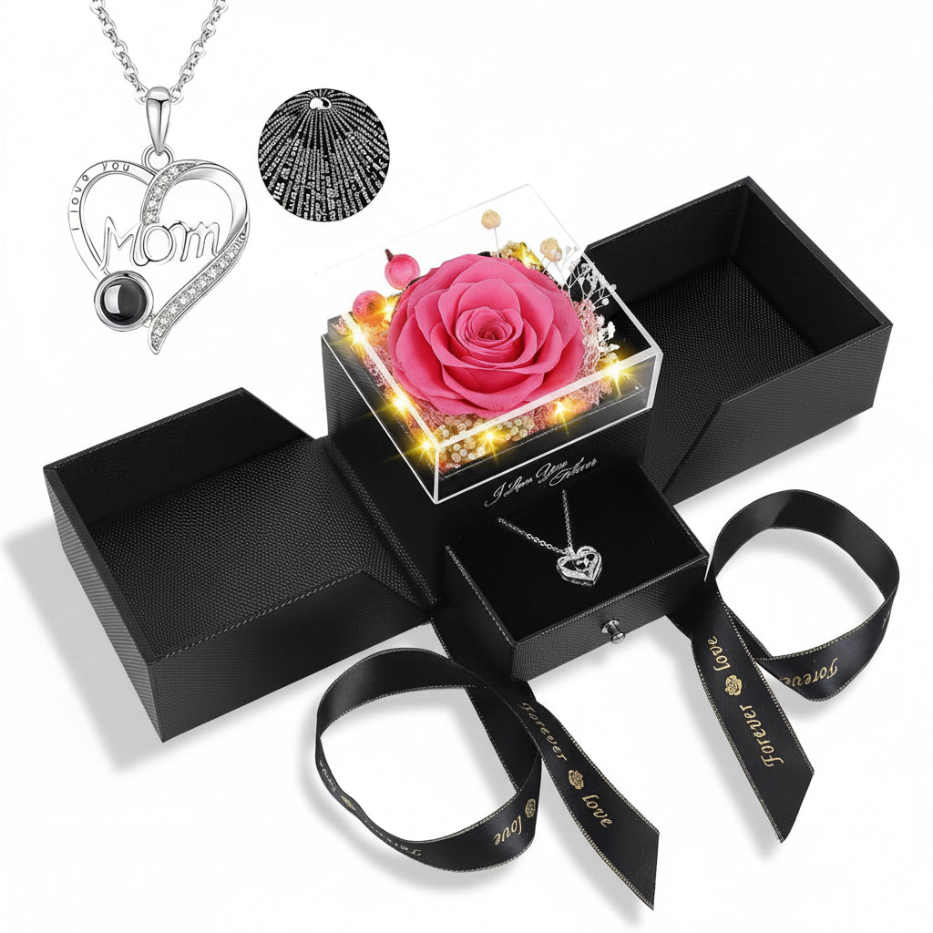 Scatola Regalo Elegante con Rosa Conservata, Luce LED e Collana Love