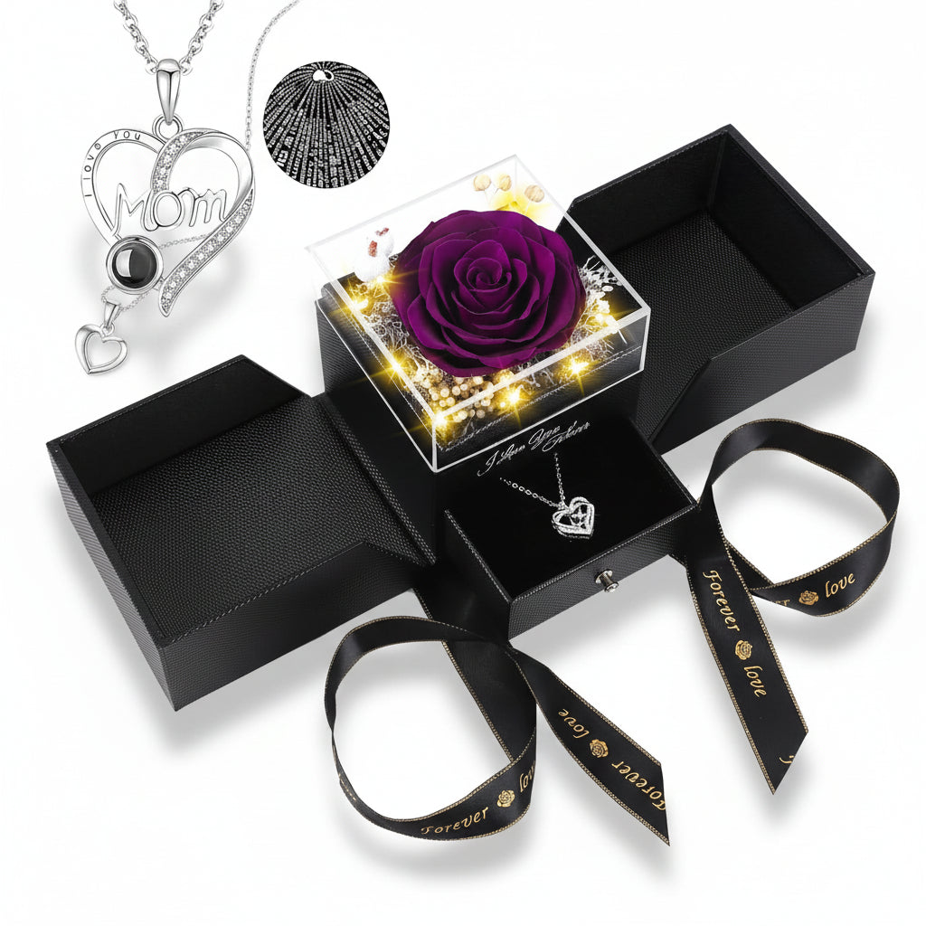 Scatola Regalo Elegante con Rosa Conservata, Luce LED e Collana Love
