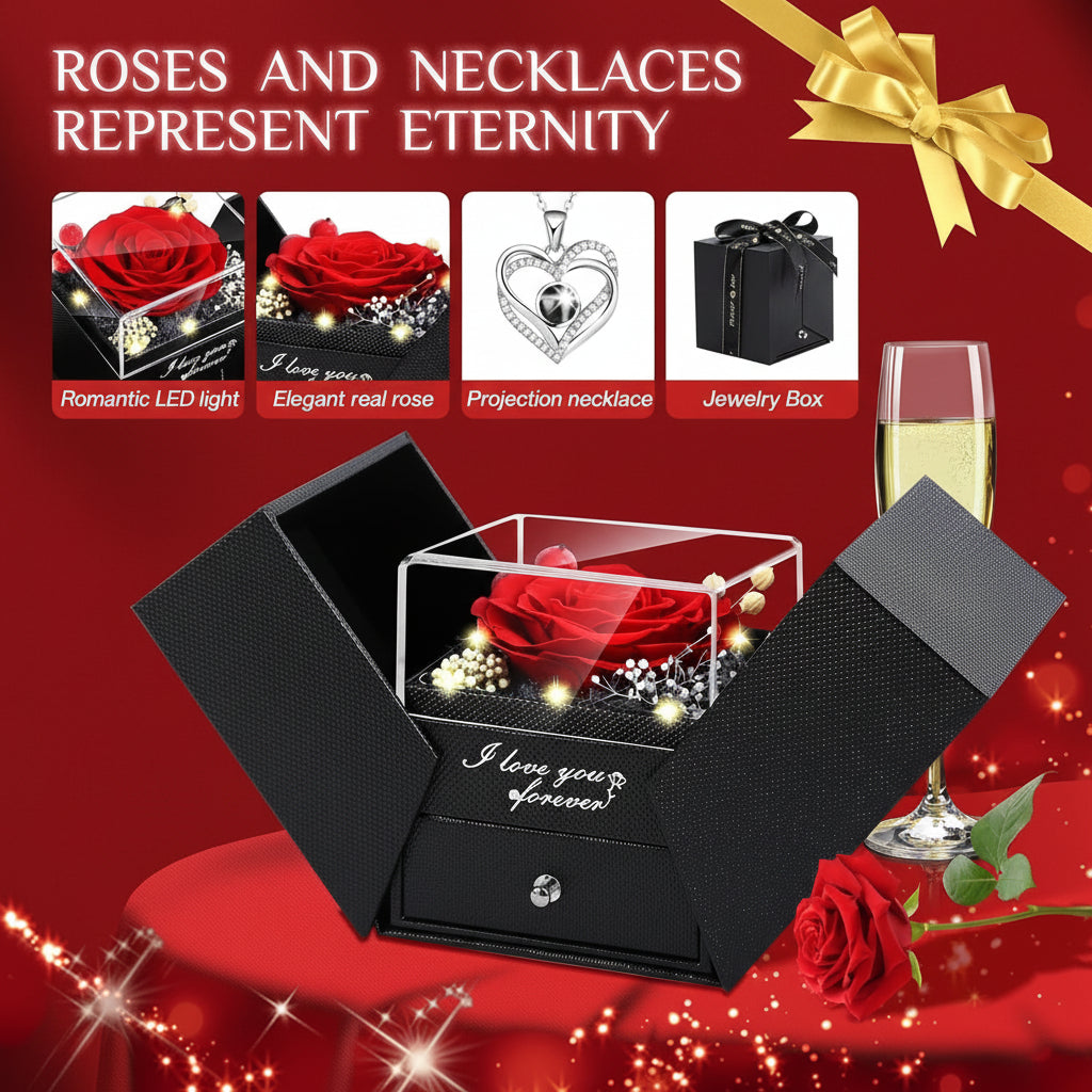 Scatola Regalo Elegante con Rosa Conservata, Luce LED e Collana Love